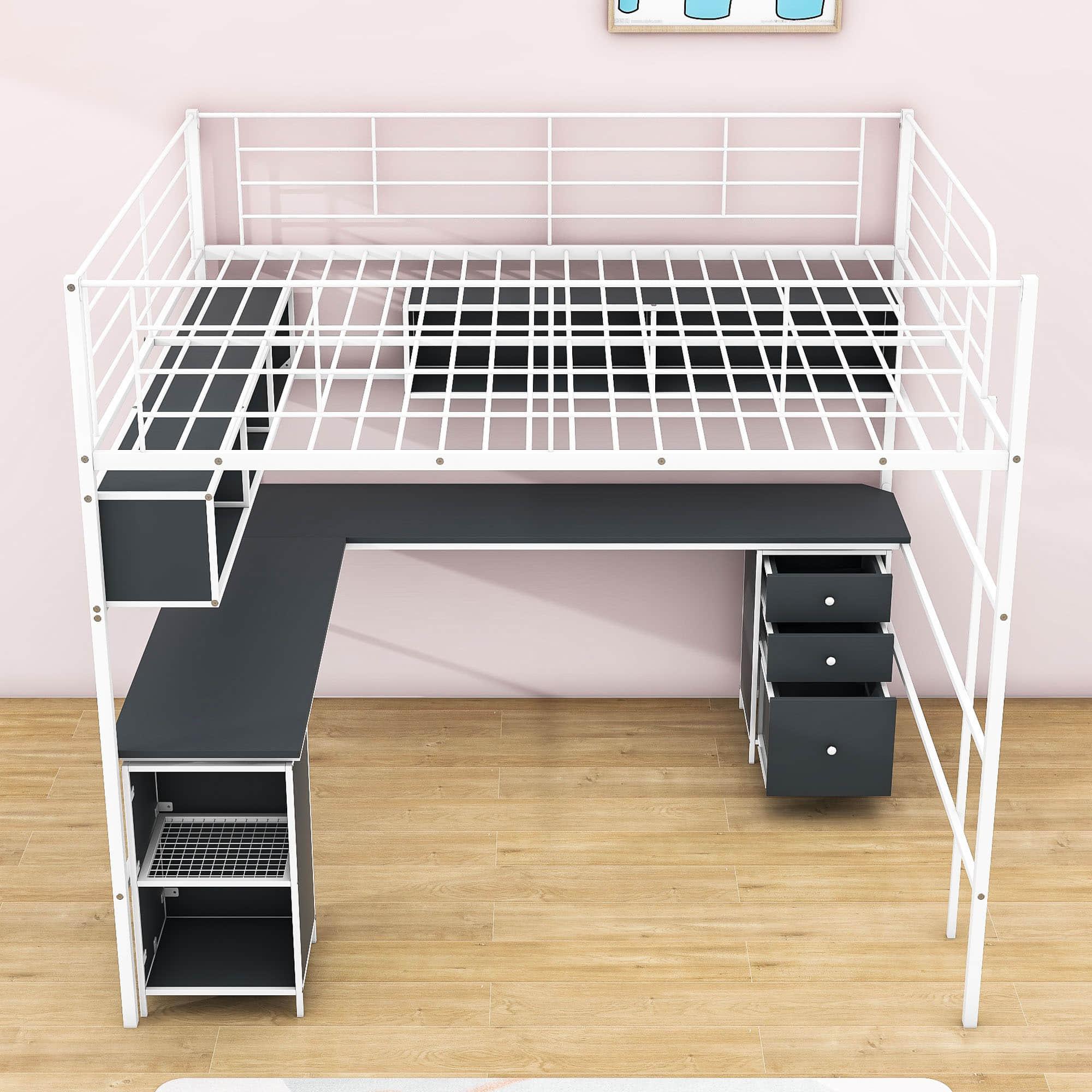 Metal Full Size Loft Bed with Desk and Storage for Adults, Teens