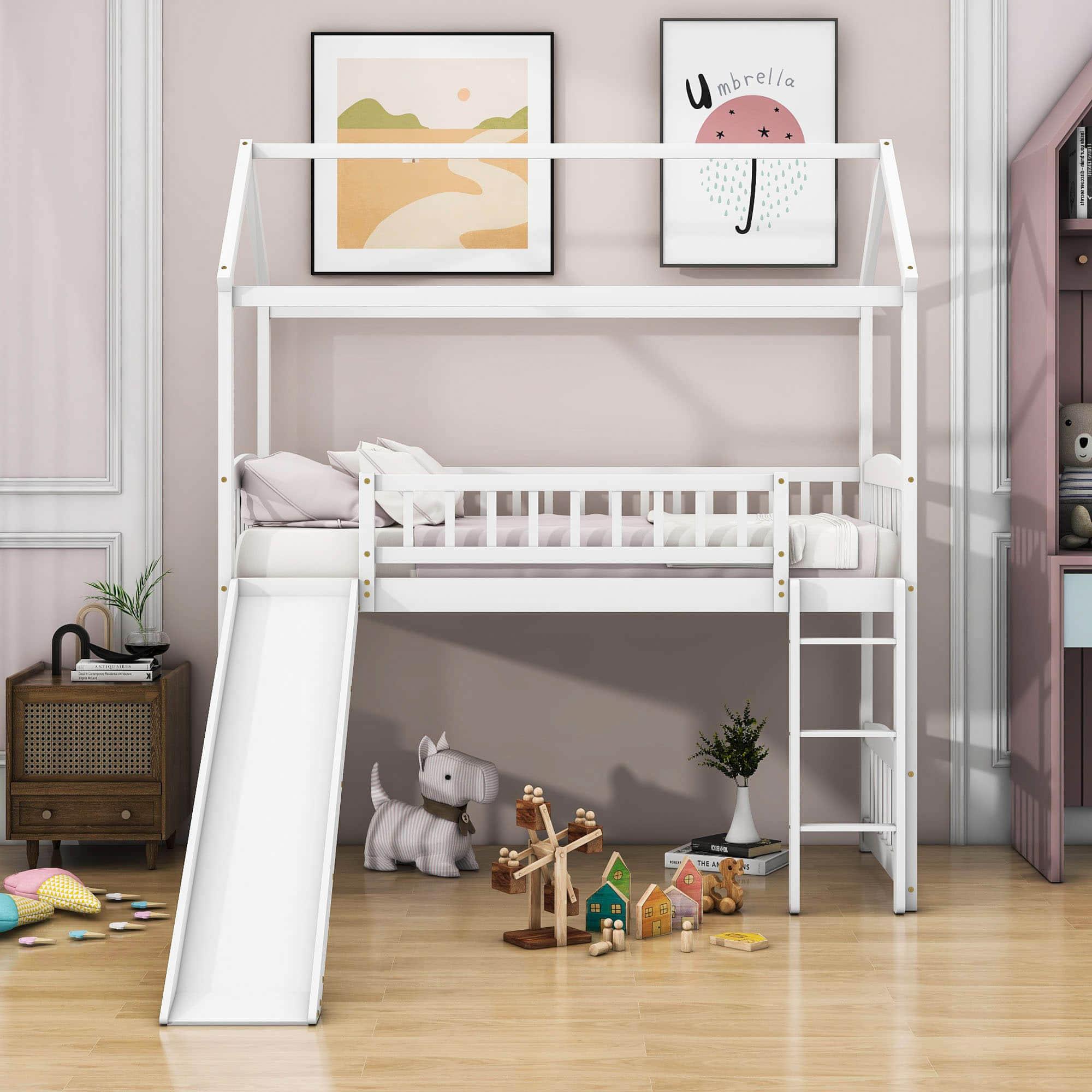 Twin Size Low House Loft Bed with Slide for Kids - [Wood]