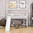 Twin Size Low House Loft Bed with Slide for Kids - [Wood]