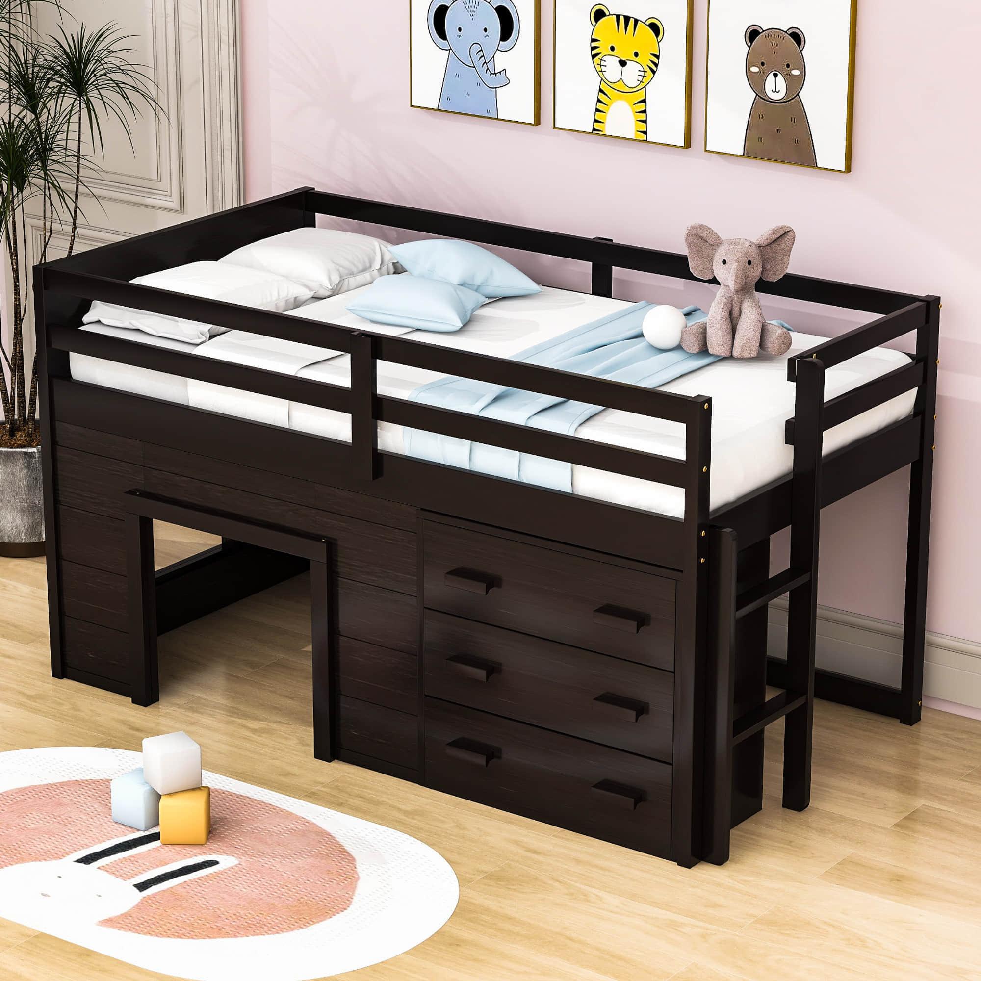 Low Twin Loft Bed with Detachable Storage Dresser for Kids - [Wood, Playhouse, Drawers]