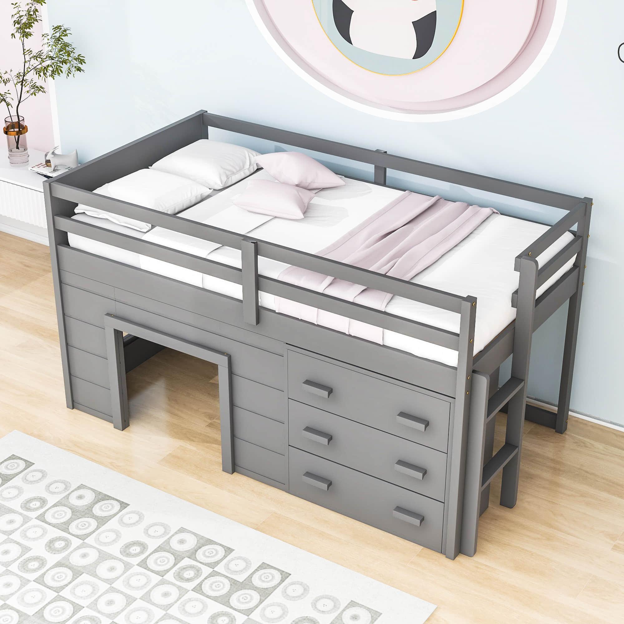 Low Twin Loft Bed with Detachable Storage Dresser for Kids - [Wood, Playhouse, Drawers]