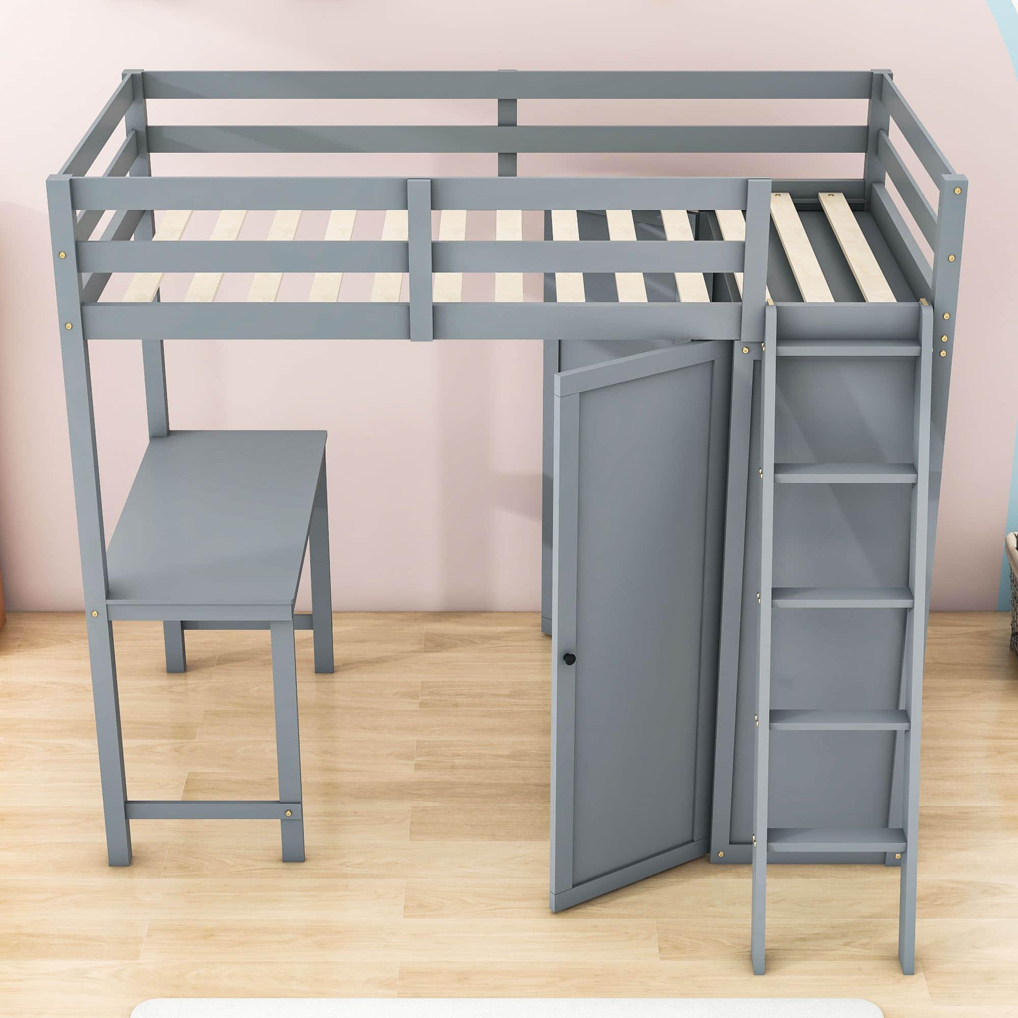 Wood Twin Loft Bed with Desk and Storage for Adults, Kids - [Wardrobe]