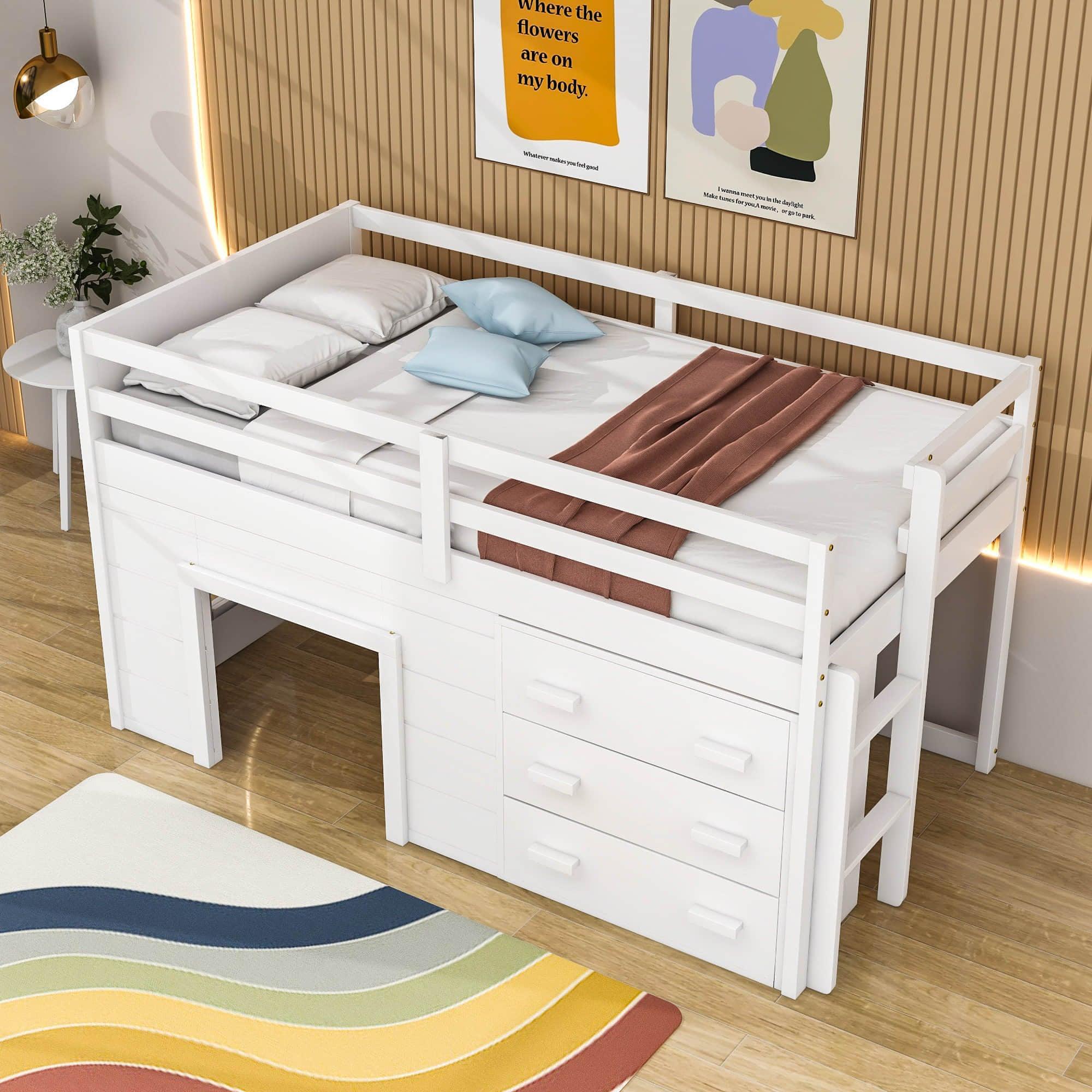 Low Twin Loft Bed with Detachable Storage Dresser for Kids - [Wood, Playhouse, Drawers]