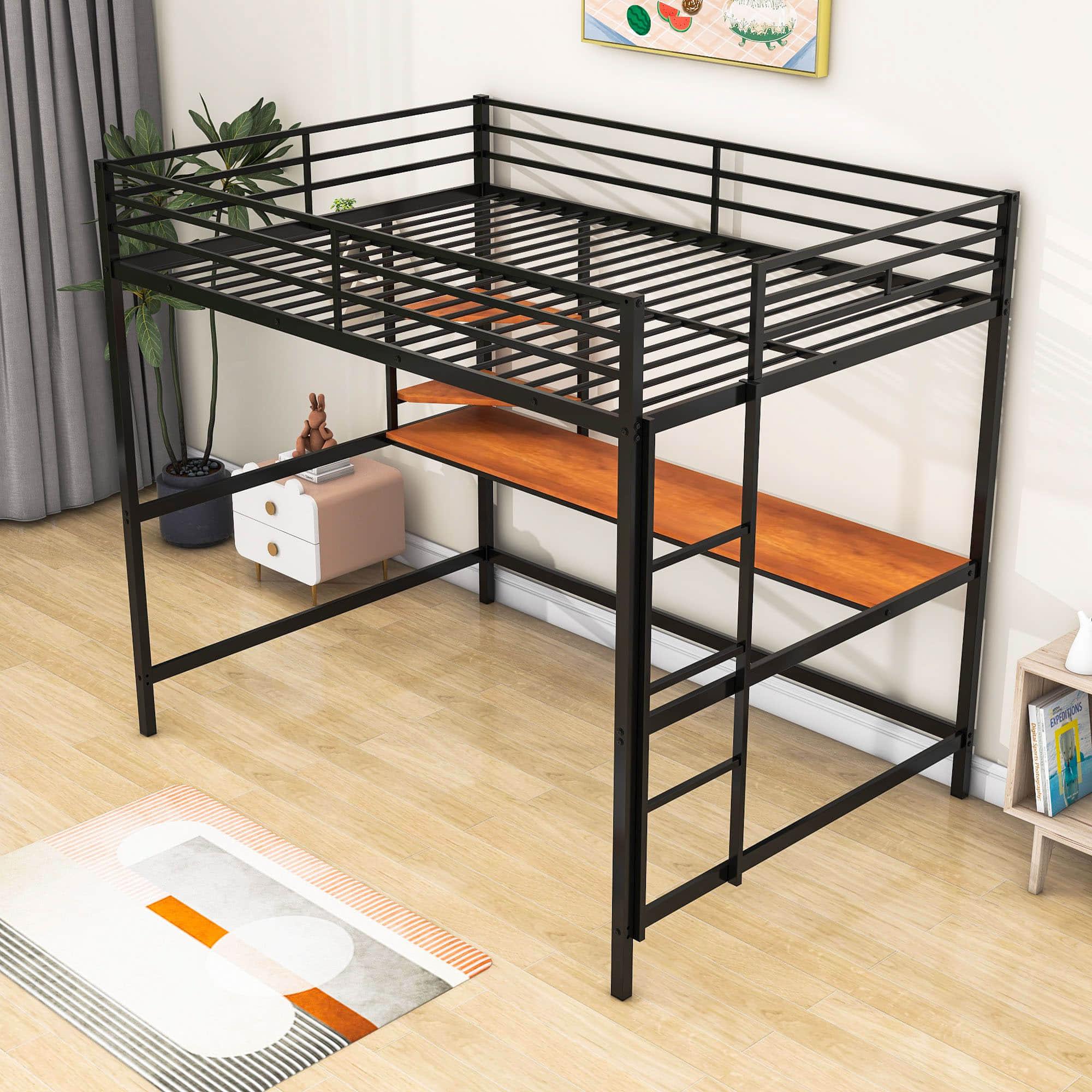 Full Size Metal Loft Bed with Desk and Shelves for Kids, Adults, Teens