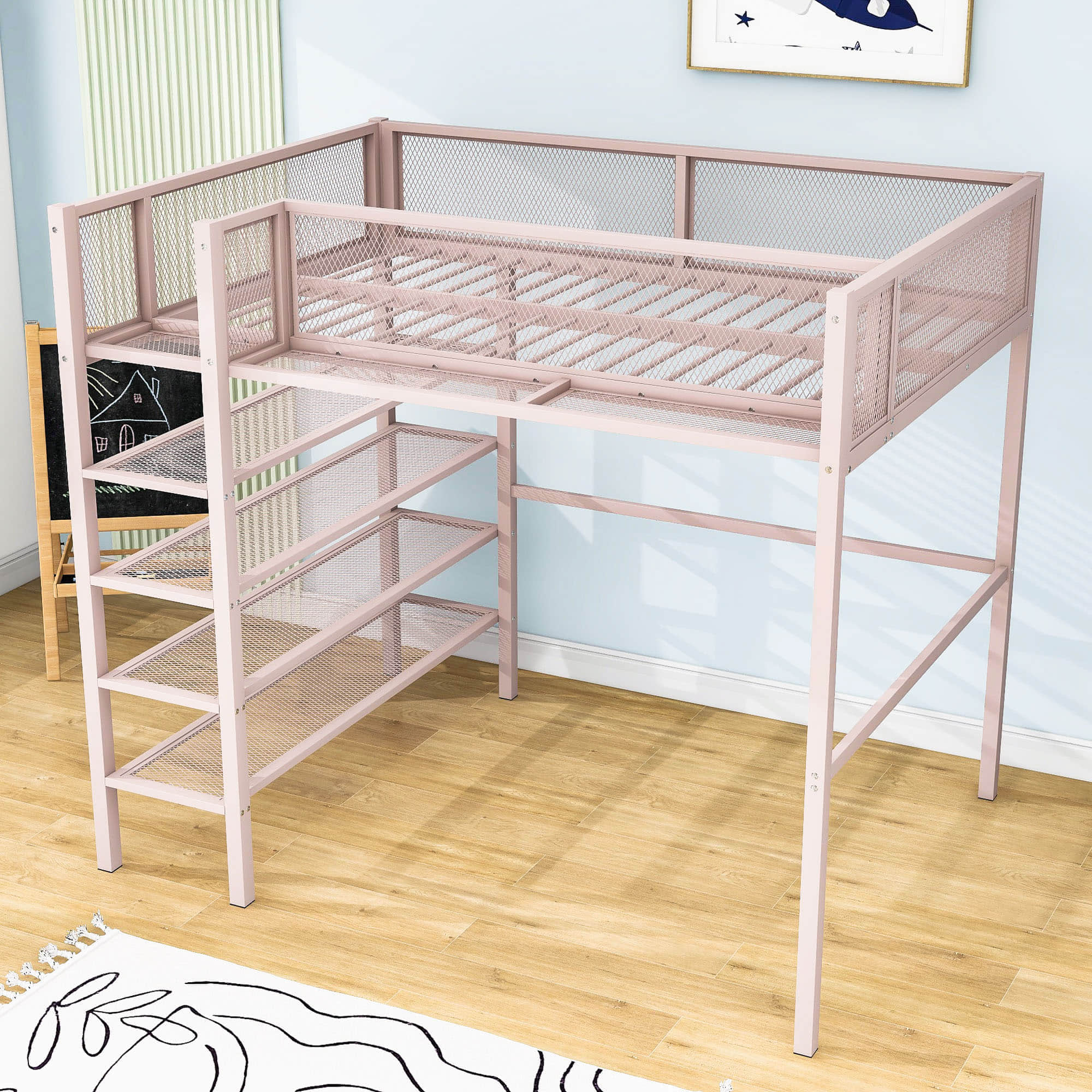 Sturdy Twin Metal Loft Bed Frame with Storage Shelves for Adults, Kids