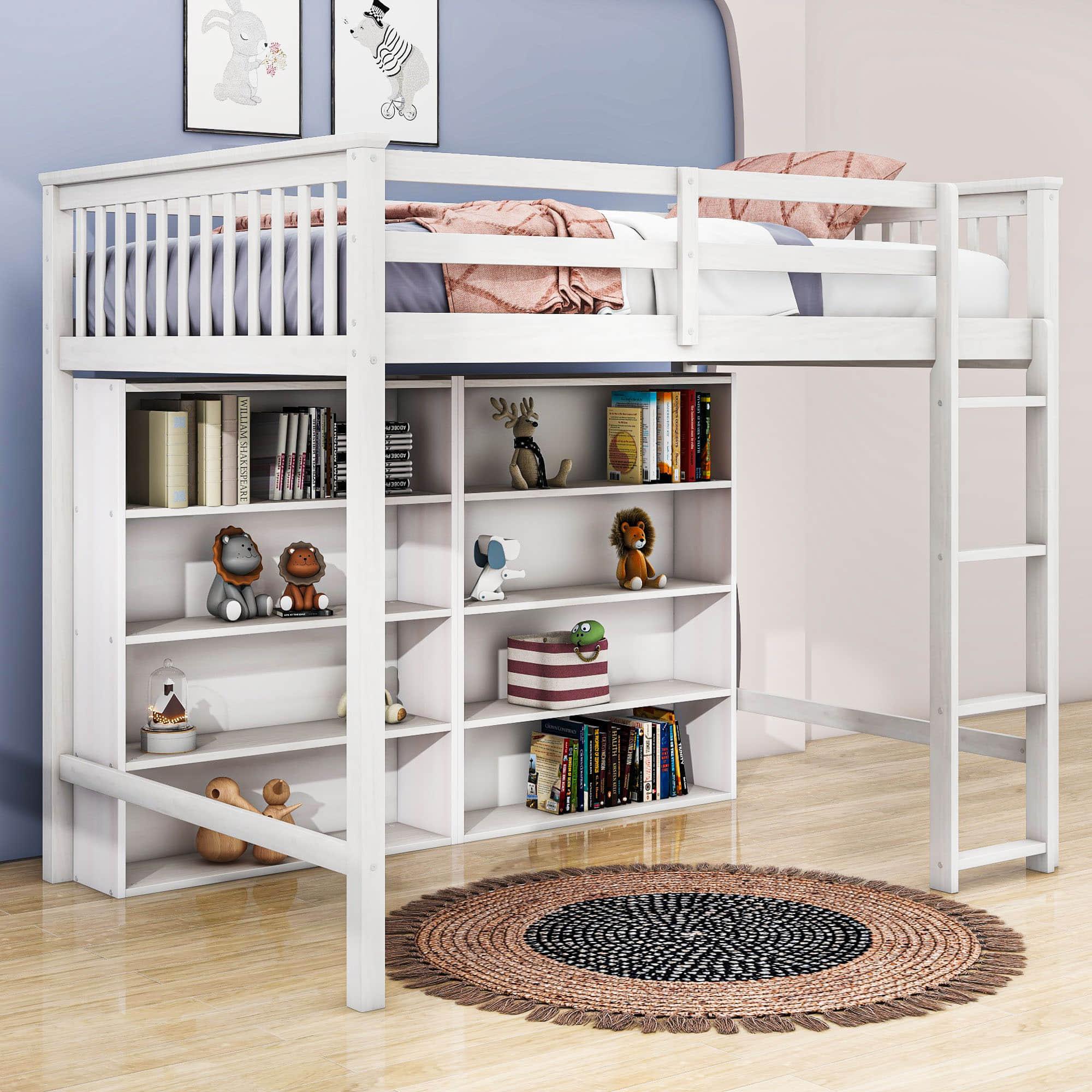 Full Size Loft Bed with Large Open Storage Shelves for Adults, Kids