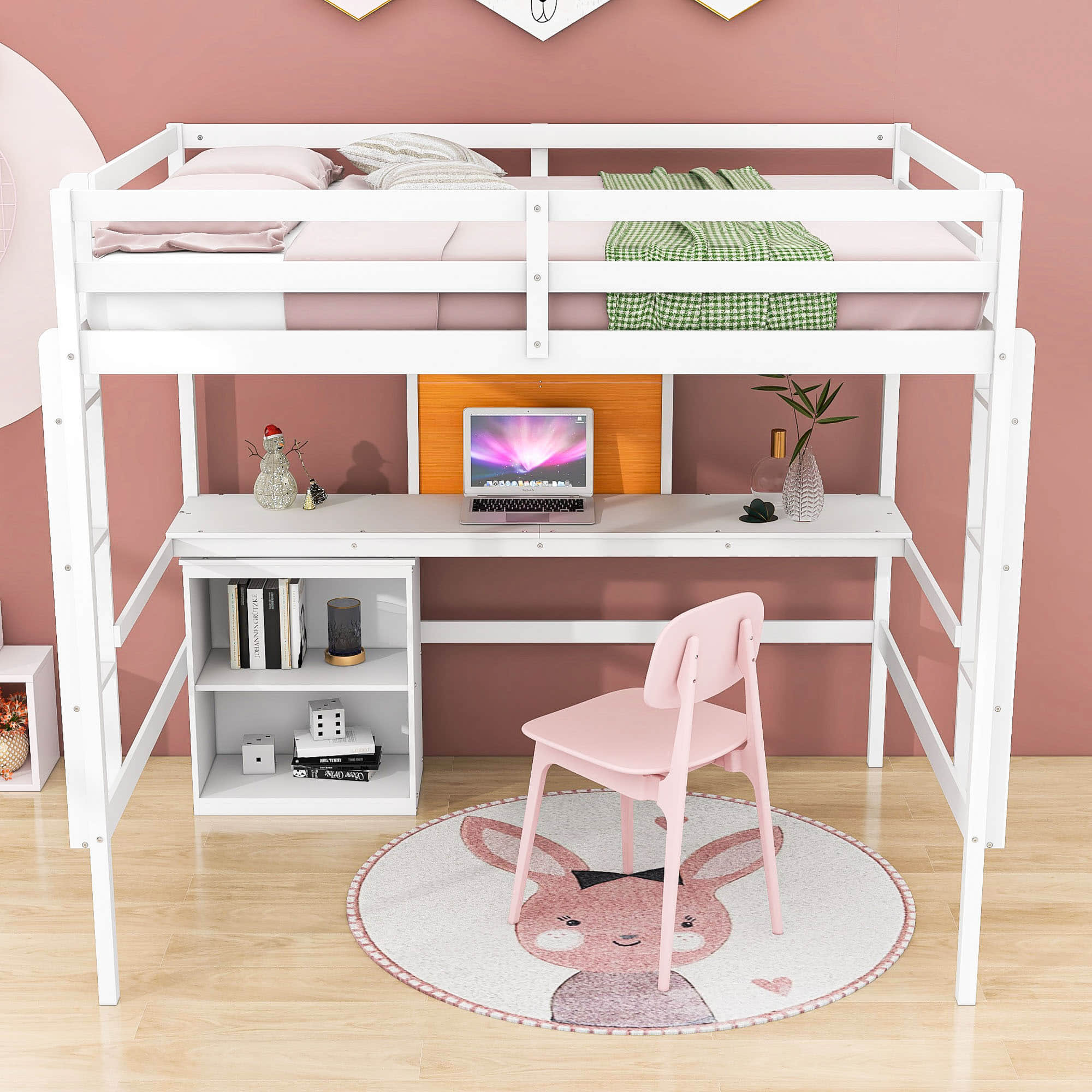 Full Size Loft Bed with Desk and Storage, Writing Board for Adults