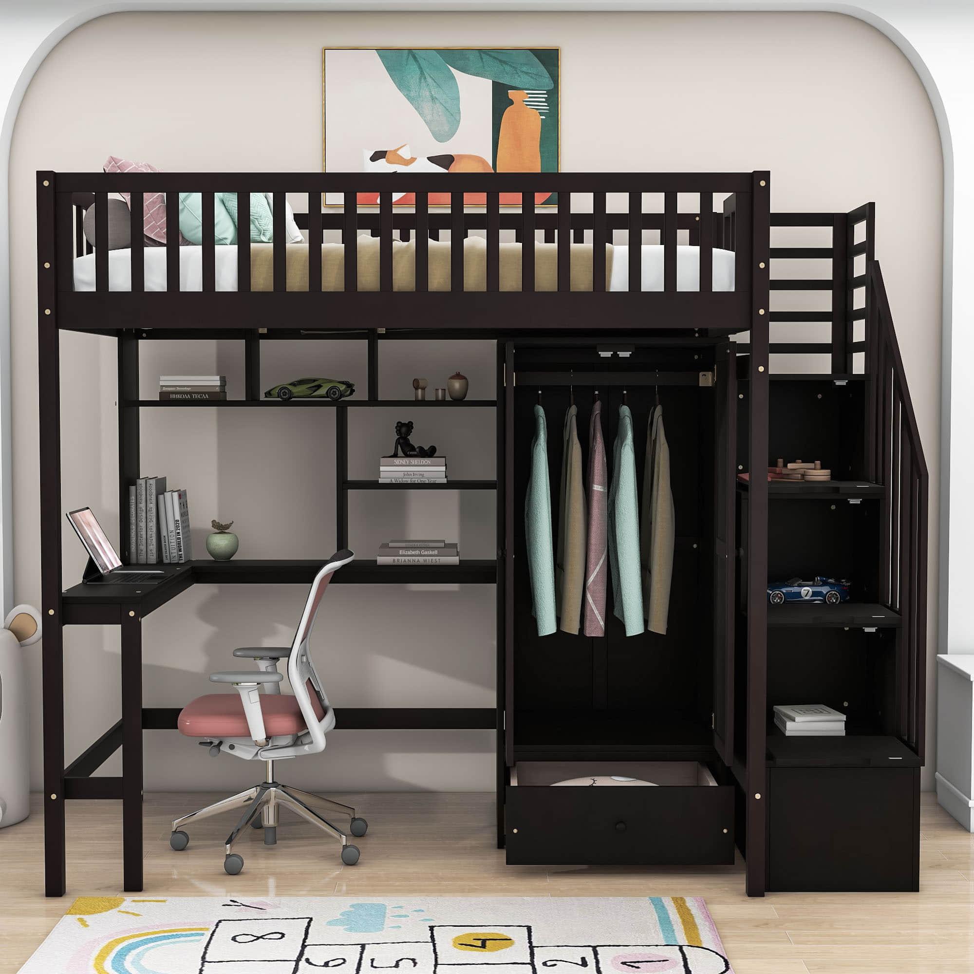 Twin Loft Bed with Desk and Storage Stairs - [Wood, Cabinet, Wardrobe, Shelves]