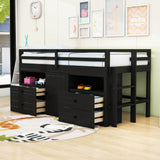 Low Twin Loft Bed Frame with Storage for Kids - [Drawers, Cabinet, Shelves]