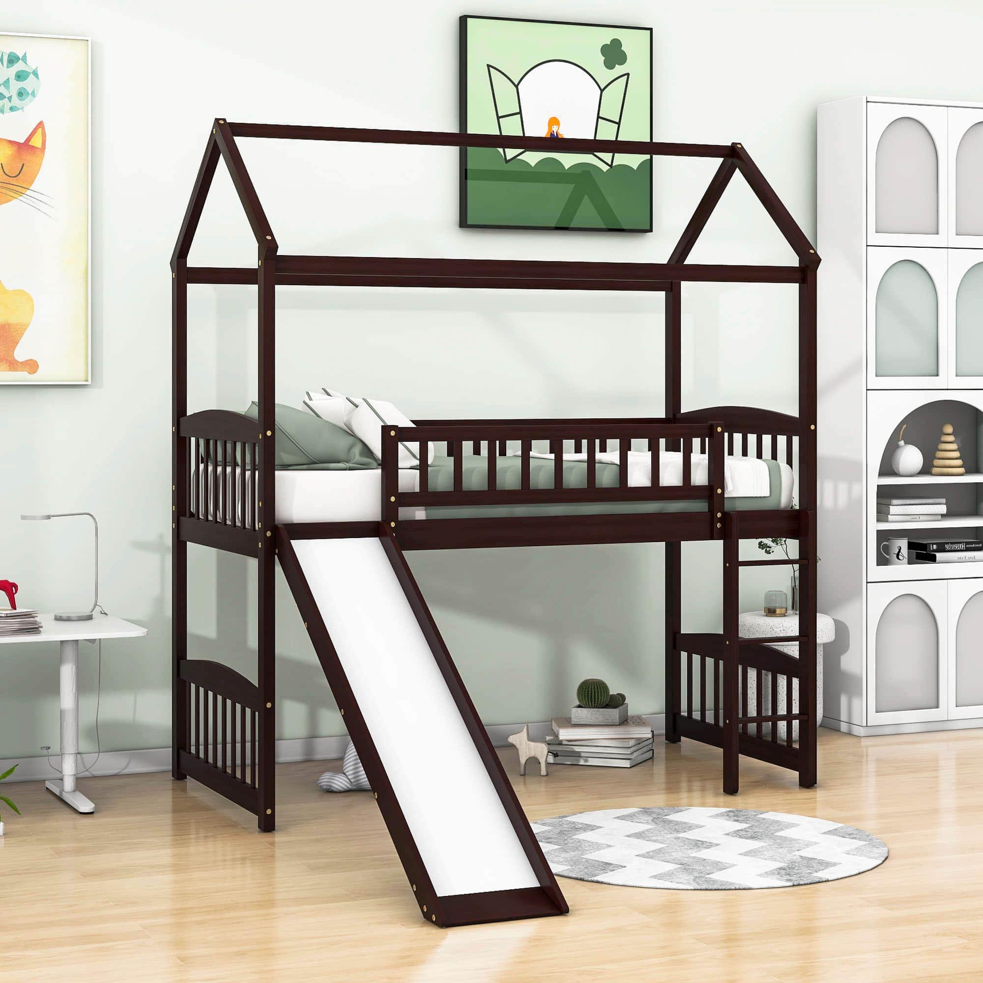 Twin Size Low House Loft Bed with Slide for Kids - [Wood]