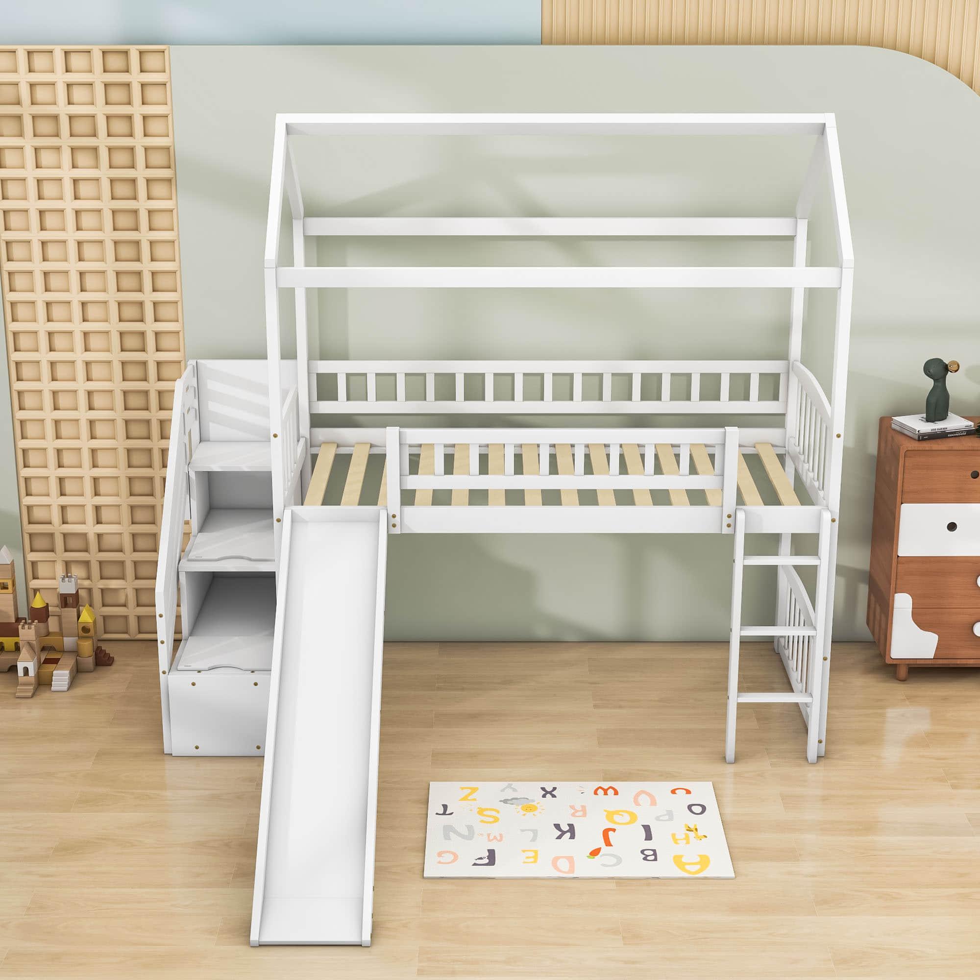 Kids Twin Playhouse Loft Bed with Storage Stairs and Slide - [Wood, Low]