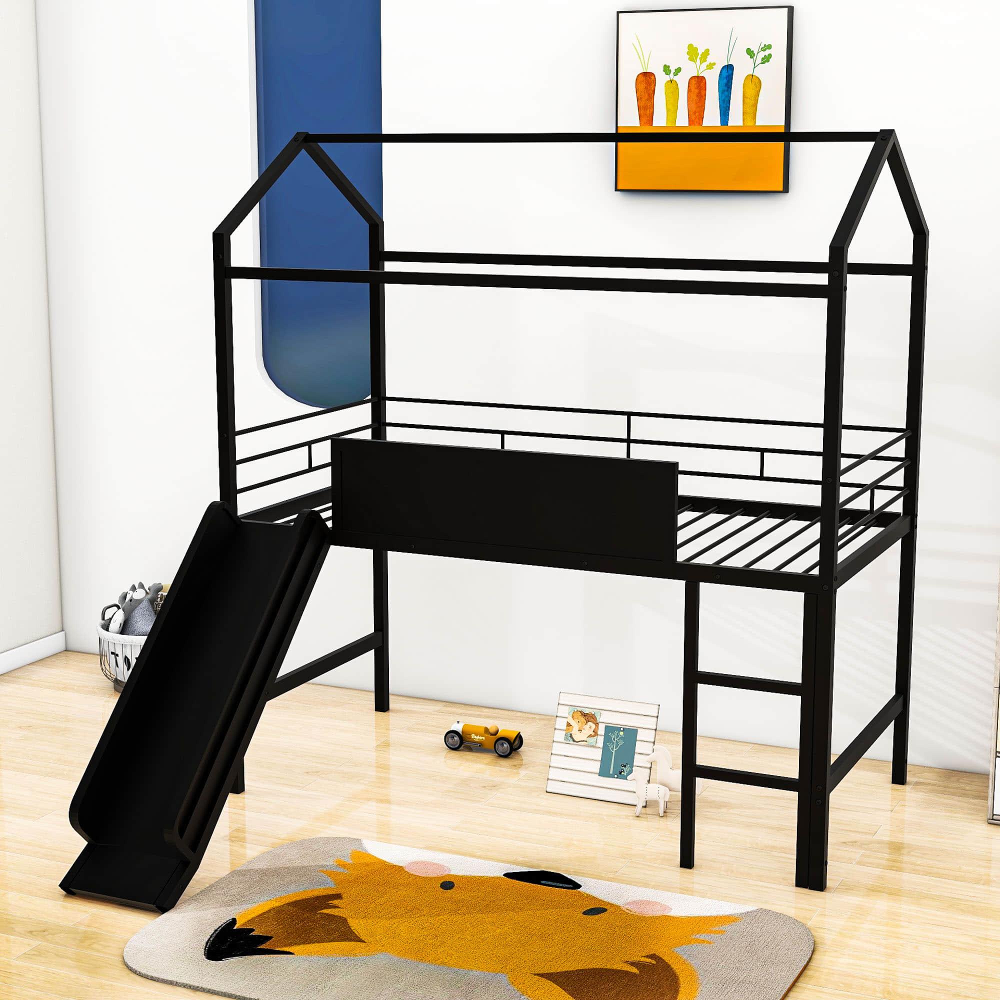 Low Metal Twin Playhouse Loft Bed with Slide, Chalkboard for Kids, Junior