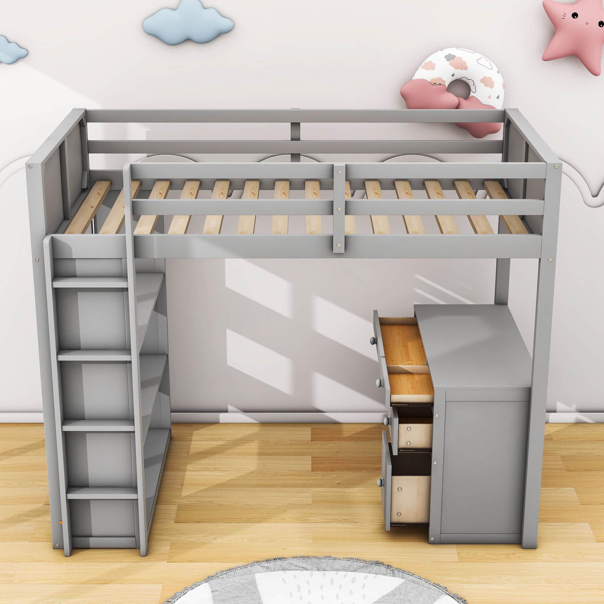 Twin Size Loft Bed with Desk and Storage Drawers, Shelves for Adults, Kids - [Wood]