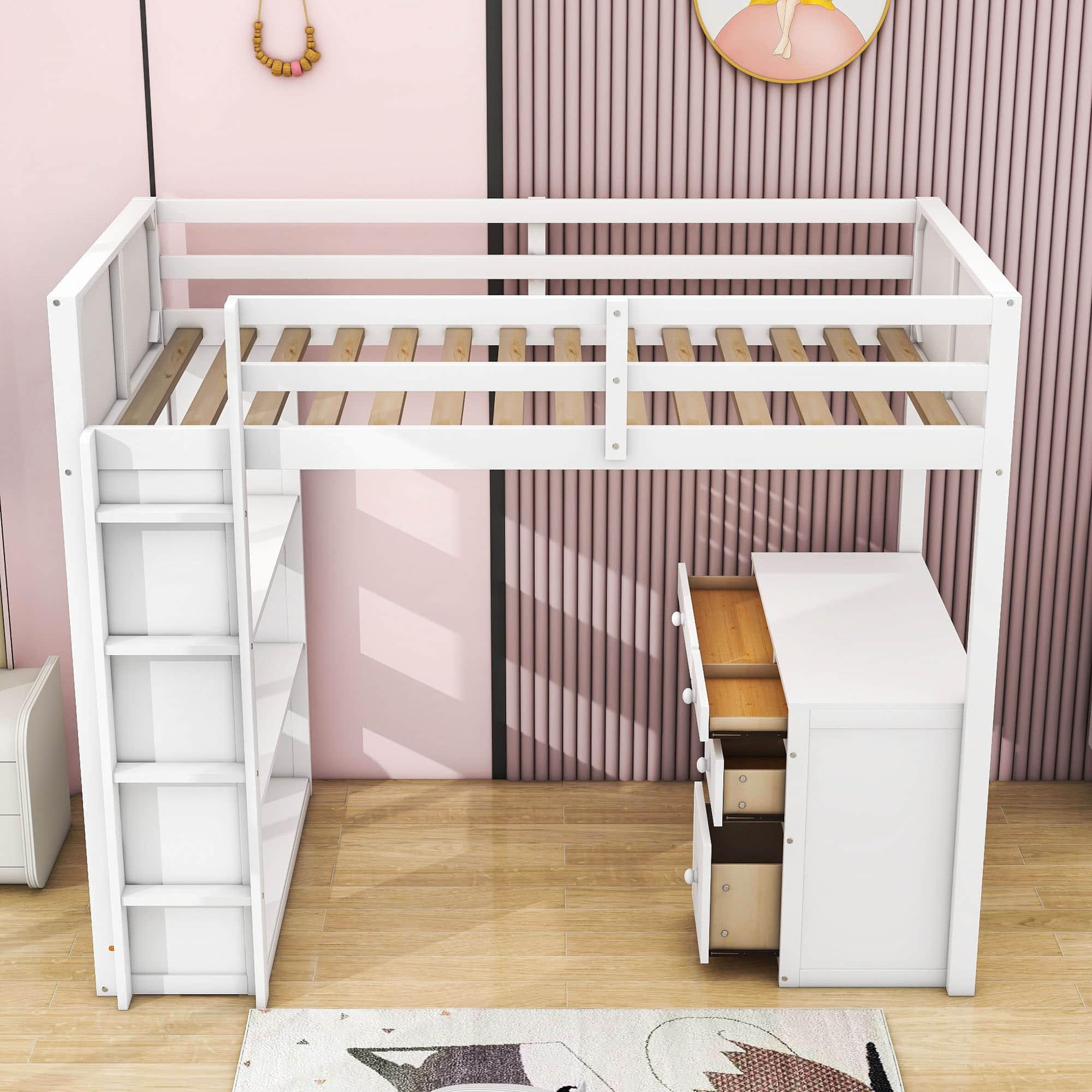 Twin Size Loft Bed with Desk and Storage Drawers, Shelves for Adults, Kids - [Wood]