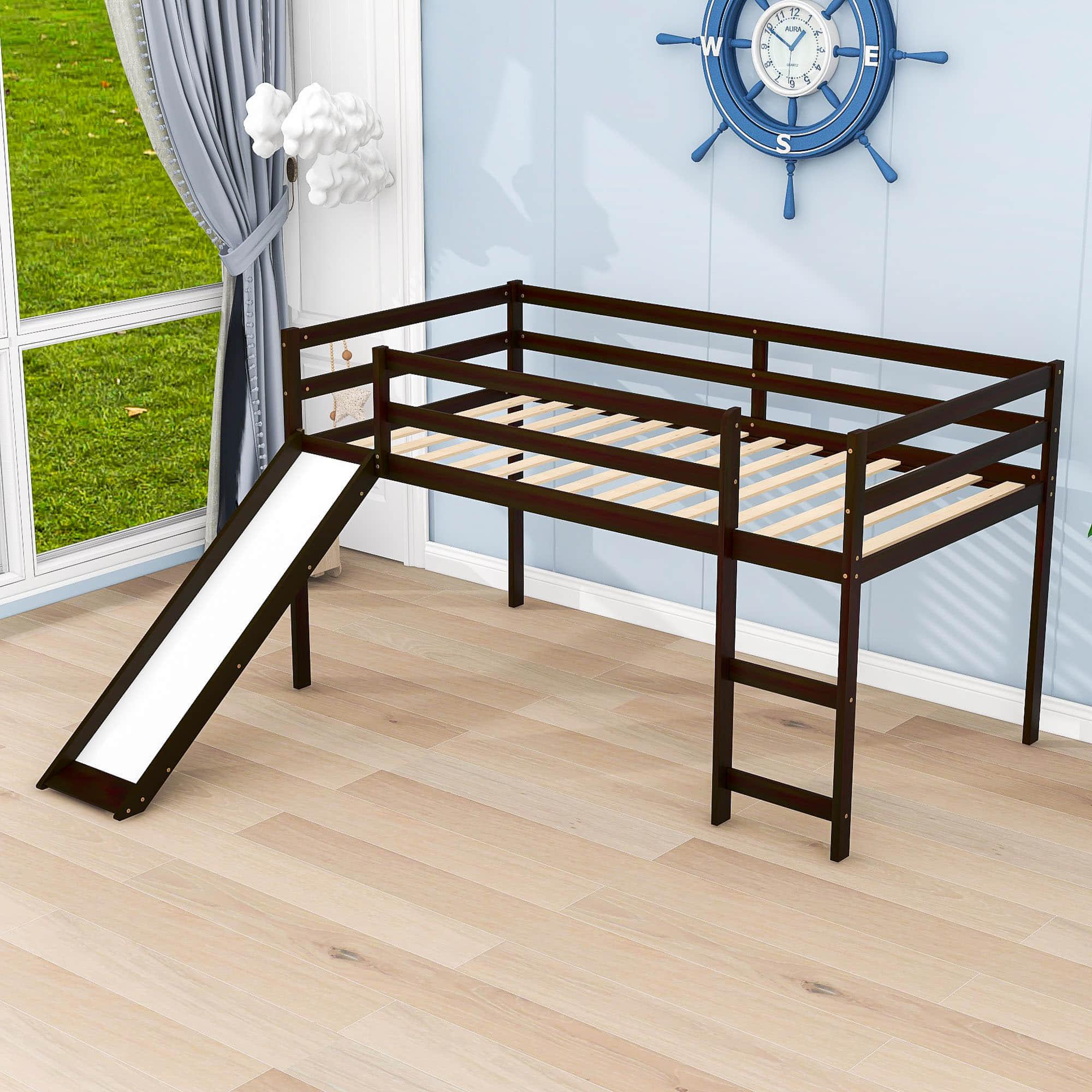 Wood Low Twin Loft Bed for Kids, Toddler with Slide