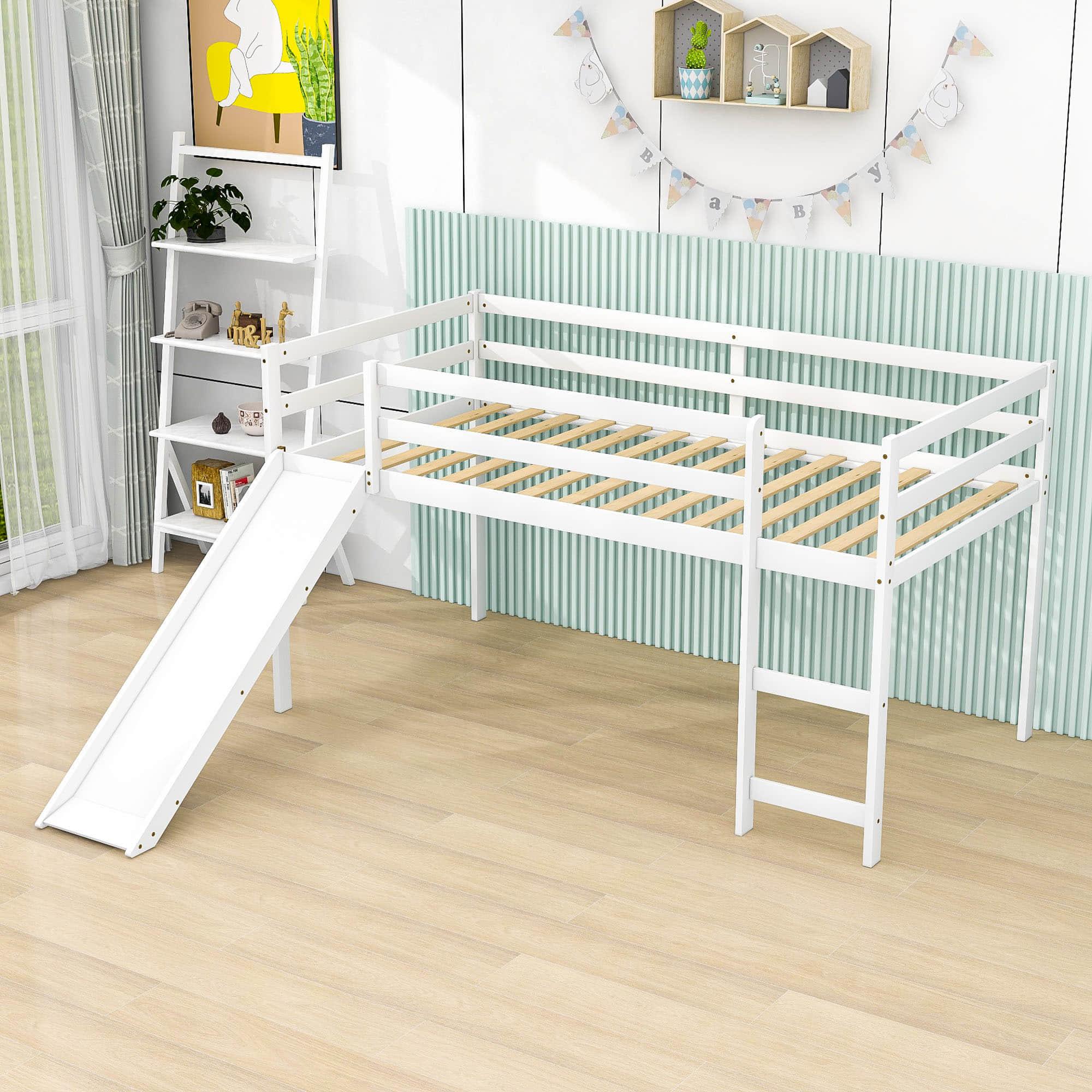 Wood Low Twin Loft Bed for Kids, Toddler with Slide