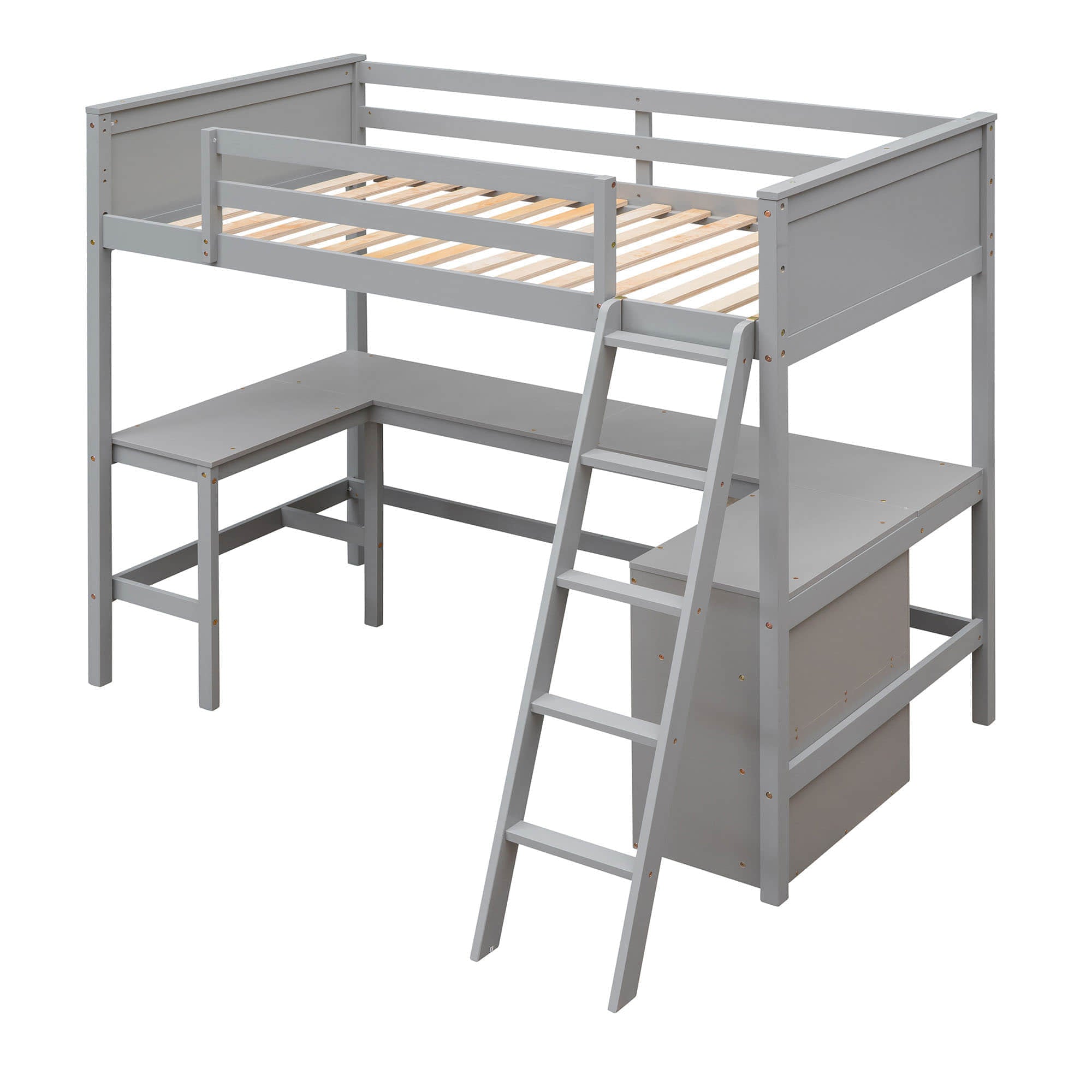 Wood Twin Size Loft Bed with Desk and Storage Shelves for Kids, Adult