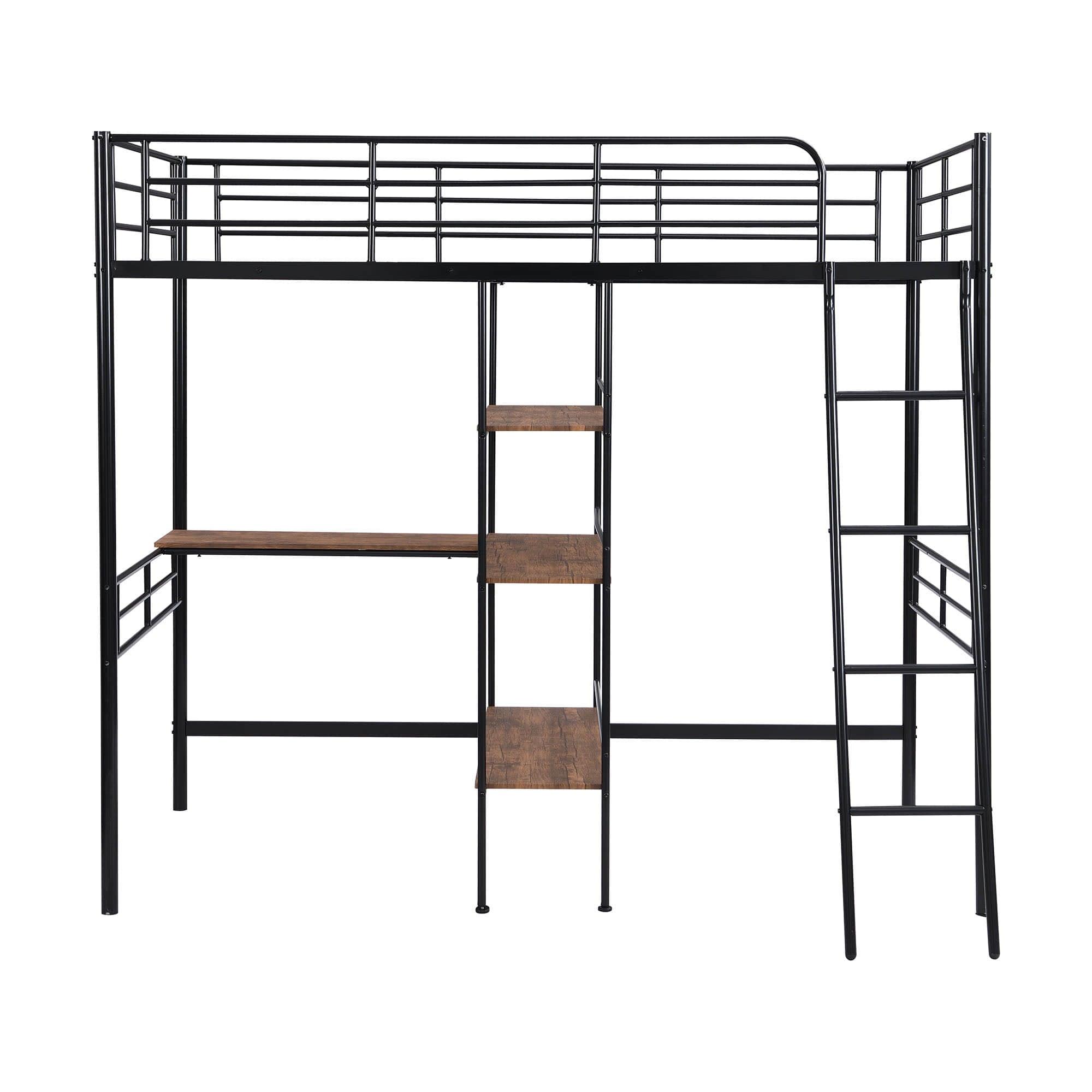 Metal Twin Loft Bed with Desk and Storage Shelves - [Wood]