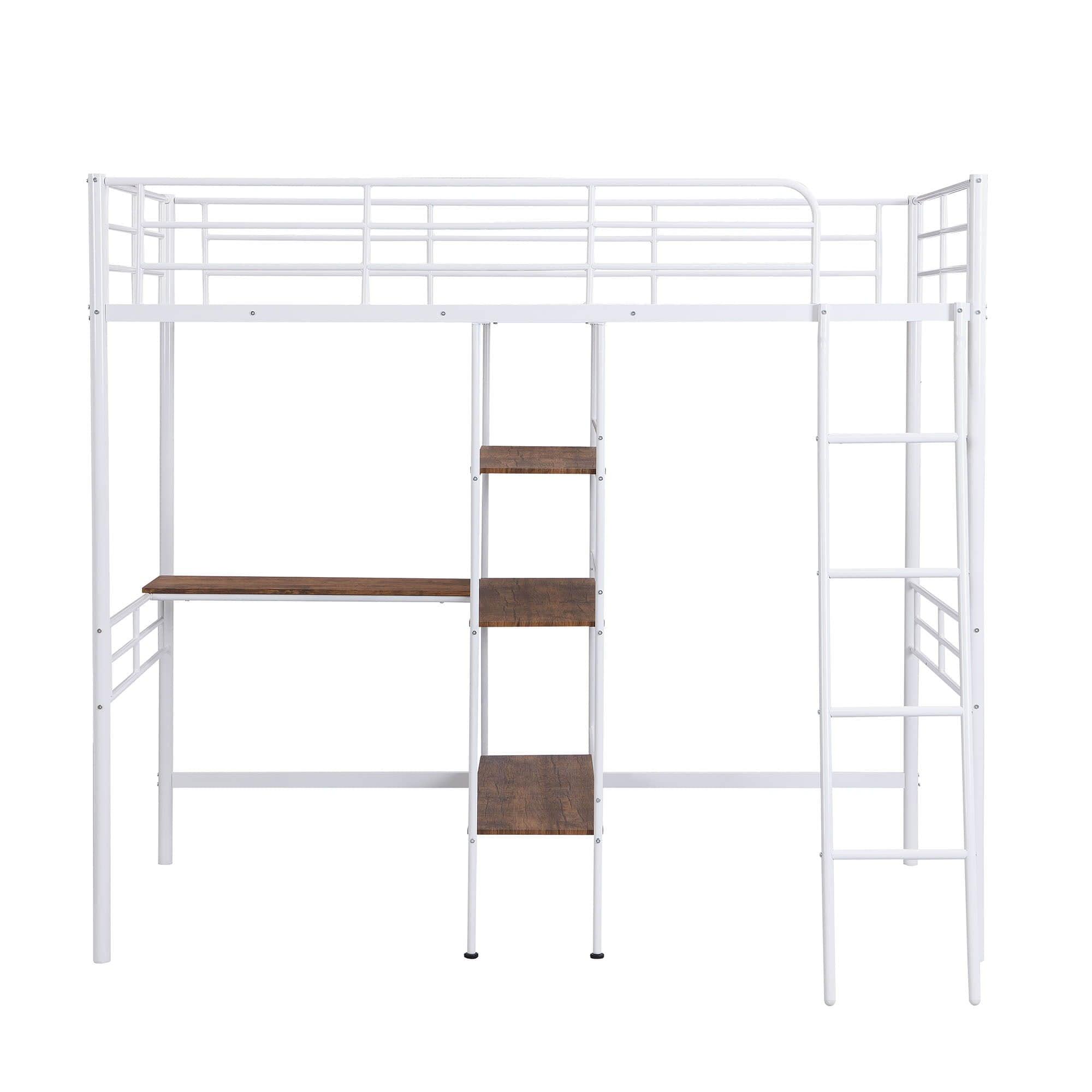 Metal Twin Loft Bed with Desk and Storage Shelves - [Wood]