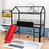 Low Metal Twin Playhouse Loft Bed with Slide, Chalkboard for Kids, Junior