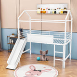 Low Metal Twin Playhouse Loft Bed with Slide, Chalkboard for Kids, Junior