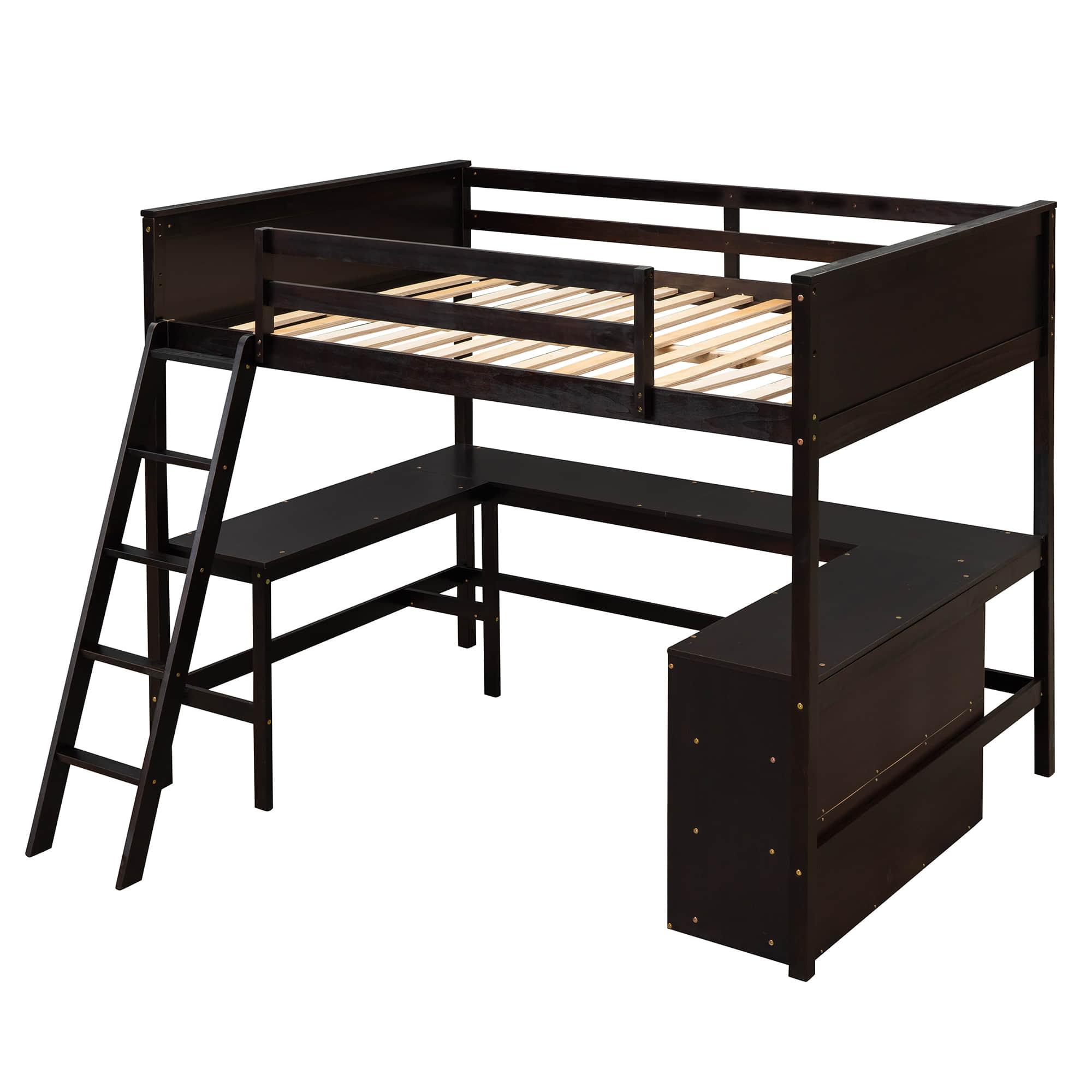 Full Size Convertible High Loft Bed with Desk and Shelves - [Cabinet, Wood]