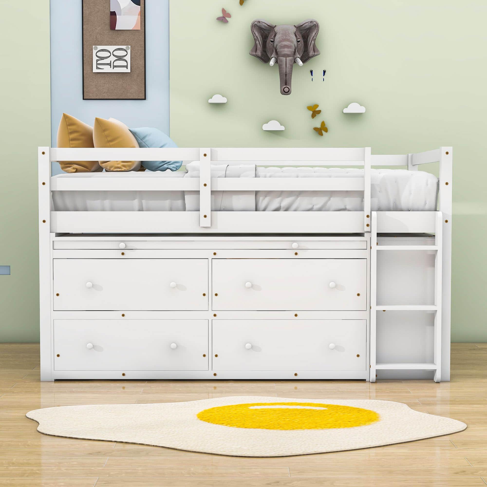 Low Twin Loft Bed with Desk and Storage Drawers for Kids, Toddler