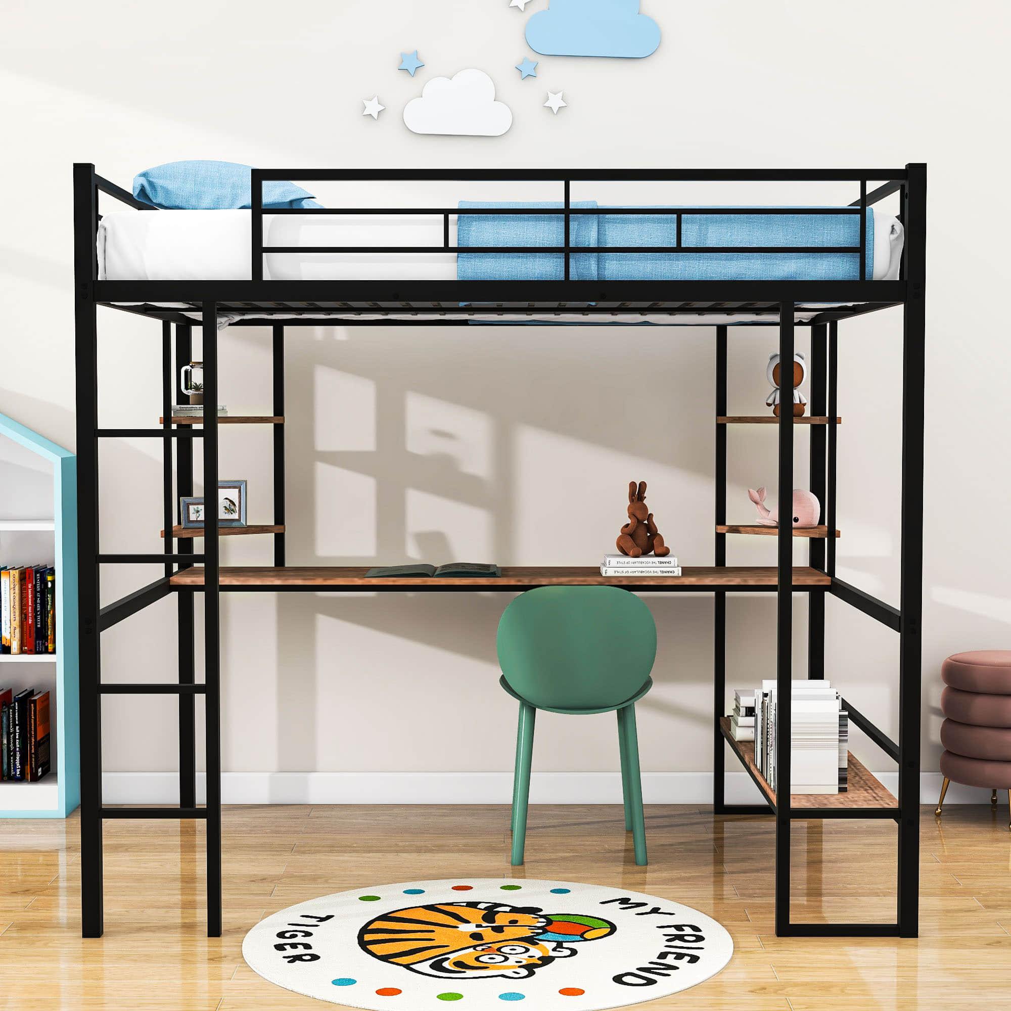 Modern Metal Full Size Loft Bed with Desk and Storage Shelves for Junior - [Black]