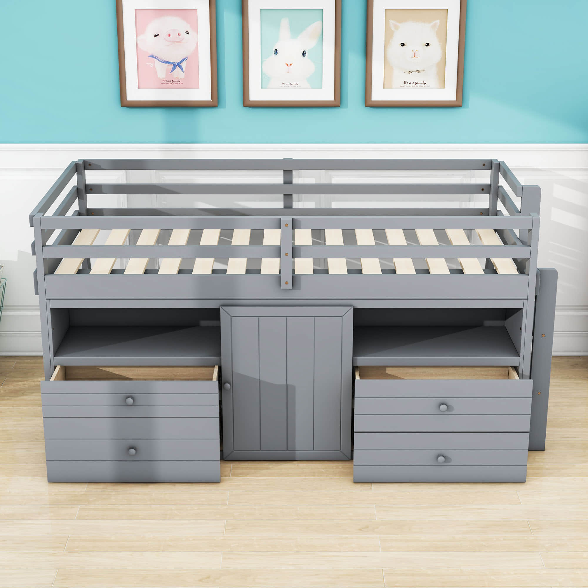 Low Twin Loft Bed Frame with Storage for Kids - [Drawers, Cabinet, Shelves]