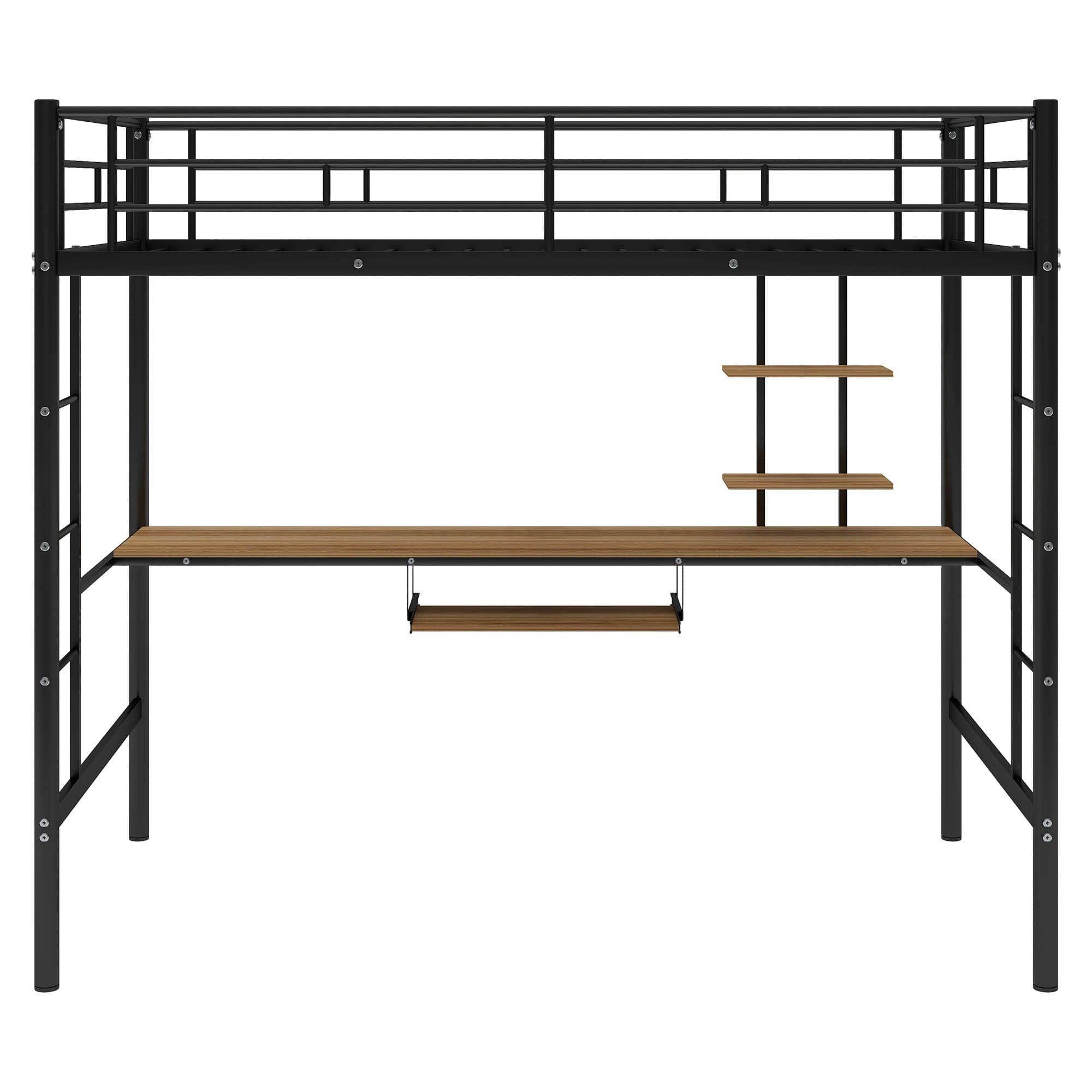 Metal Twin Gaming Loft Bed Frame with Desk and Shelves - [2 Ladders]