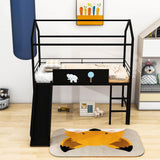 Low Metal Twin Playhouse Loft Bed with Slide, Chalkboard for Kids, Junior