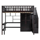 Full Size Loft Bed with Desk and Stairs, Storage - [Wood, Drawers, Wardrobe, Shelves]