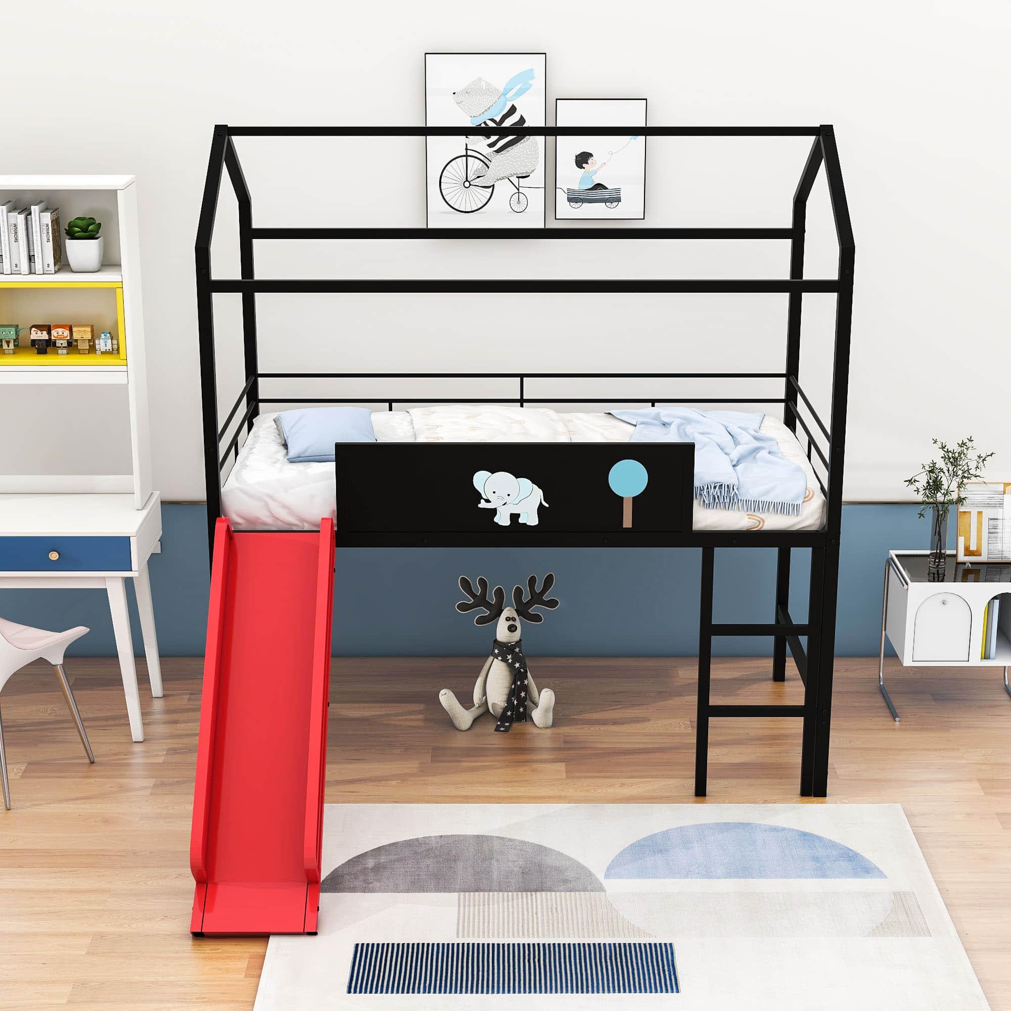 Low Metal Twin Playhouse Loft Bed with Slide, Chalkboard for Kids, Junior