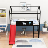 Low Metal Twin Playhouse Loft Bed with Slide, Chalkboard for Kids, Junior