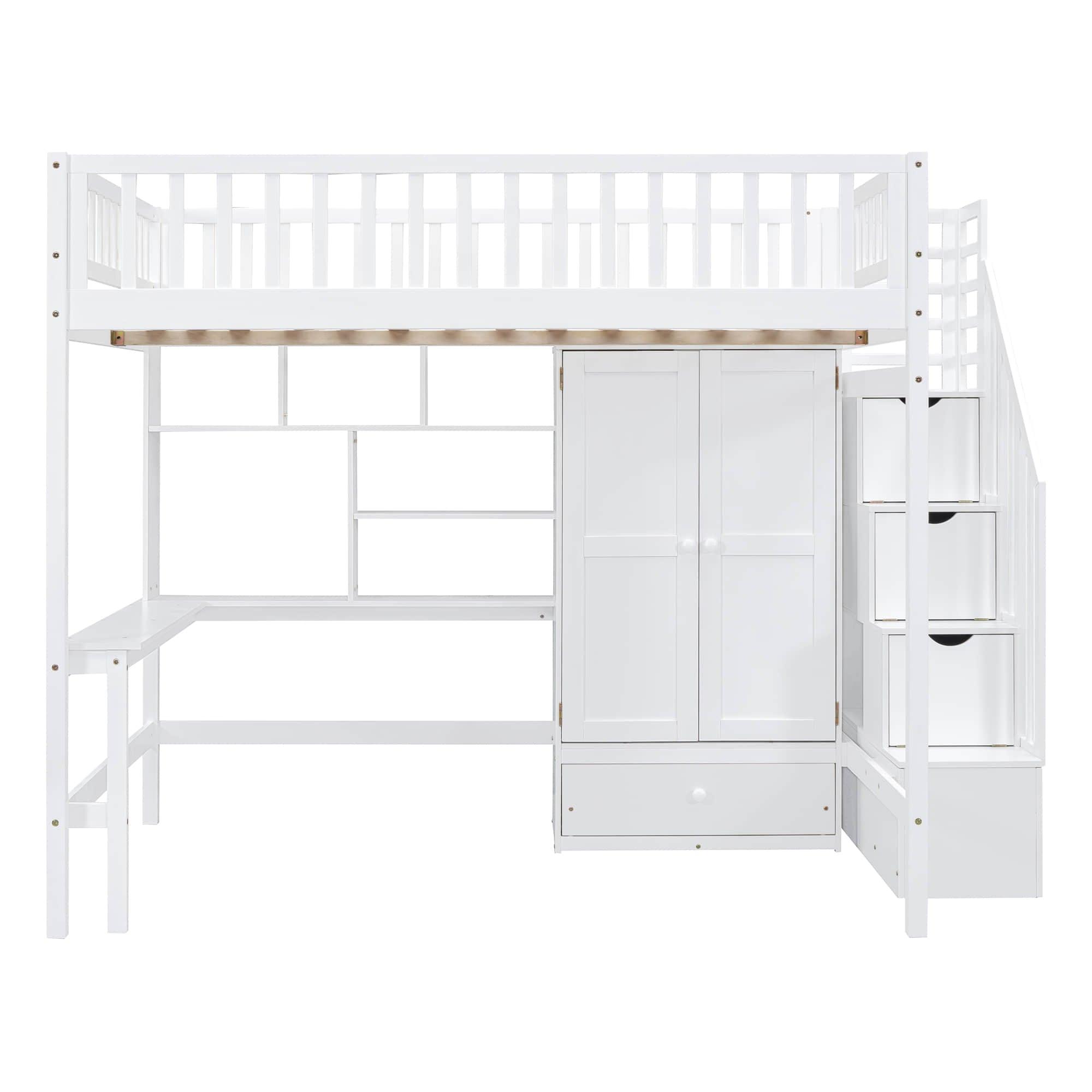 Full Size Loft Bed with Desk and Stairs, Storage - [Wood, Drawers, Wardrobe, Shelves]