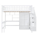 Full Size Loft Bed with Desk and Stairs, Storage - [Wood, Drawers, Wardrobe, Shelves]