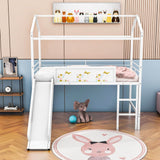 Low Metal Twin Playhouse Loft Bed with Slide, Chalkboard for Kids, Junior