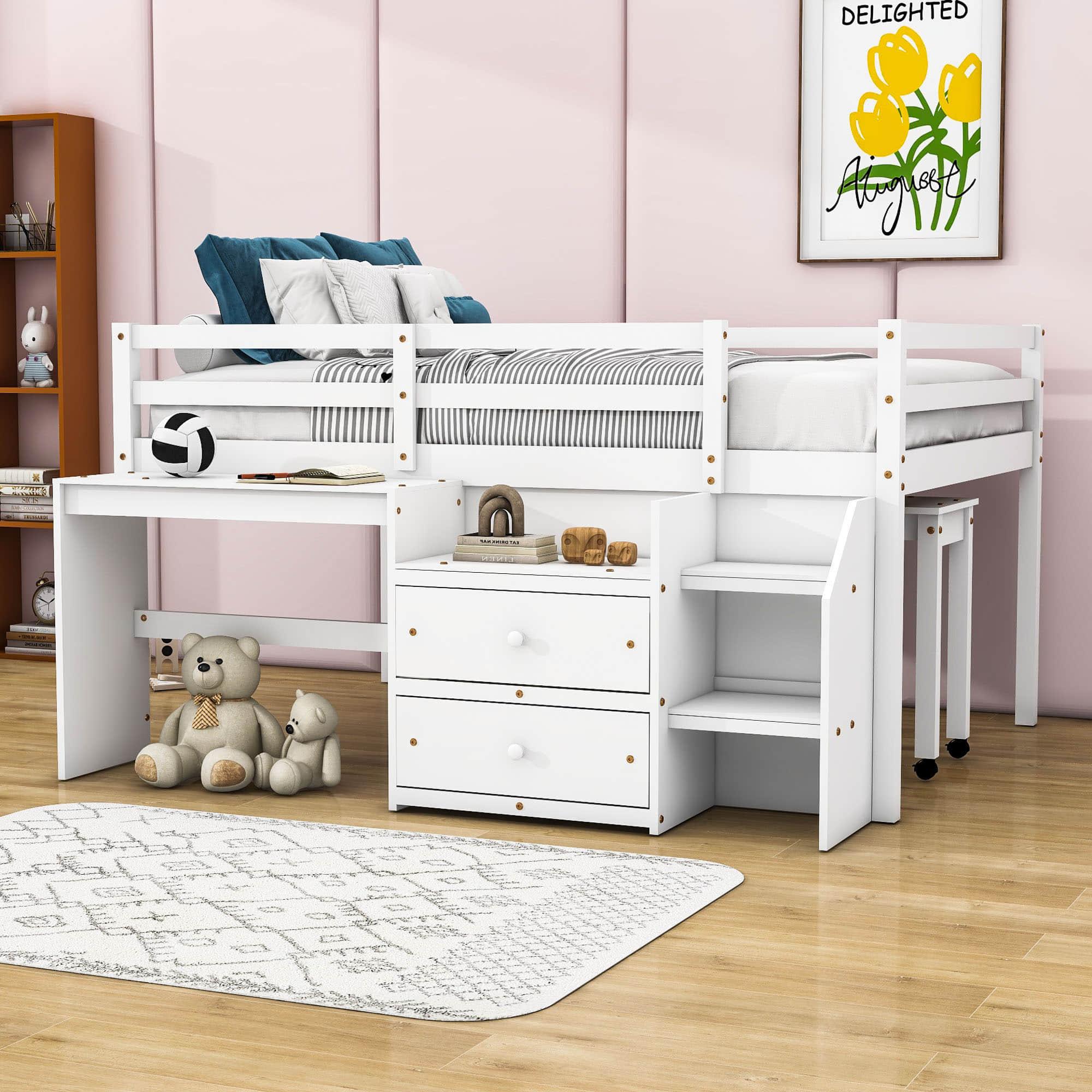 Convertible Low Full Size Kids Loft Bed with Desk, Stairs and Storage