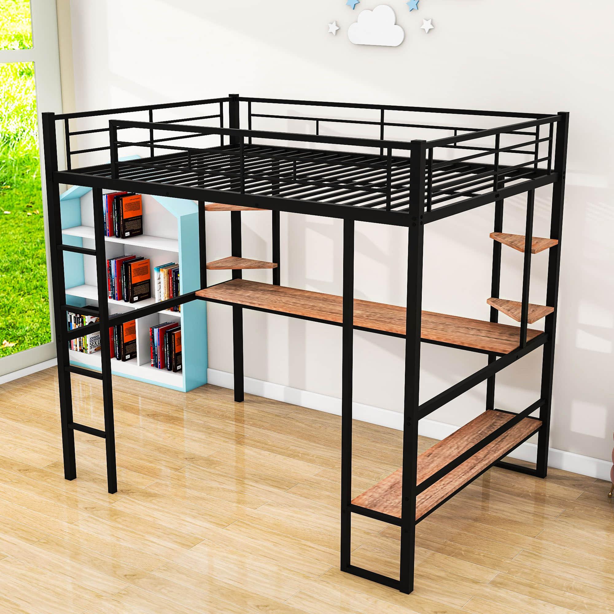 Modern Metal Full Size Loft Bed with Desk and Storage Shelves for Junior - [Black]