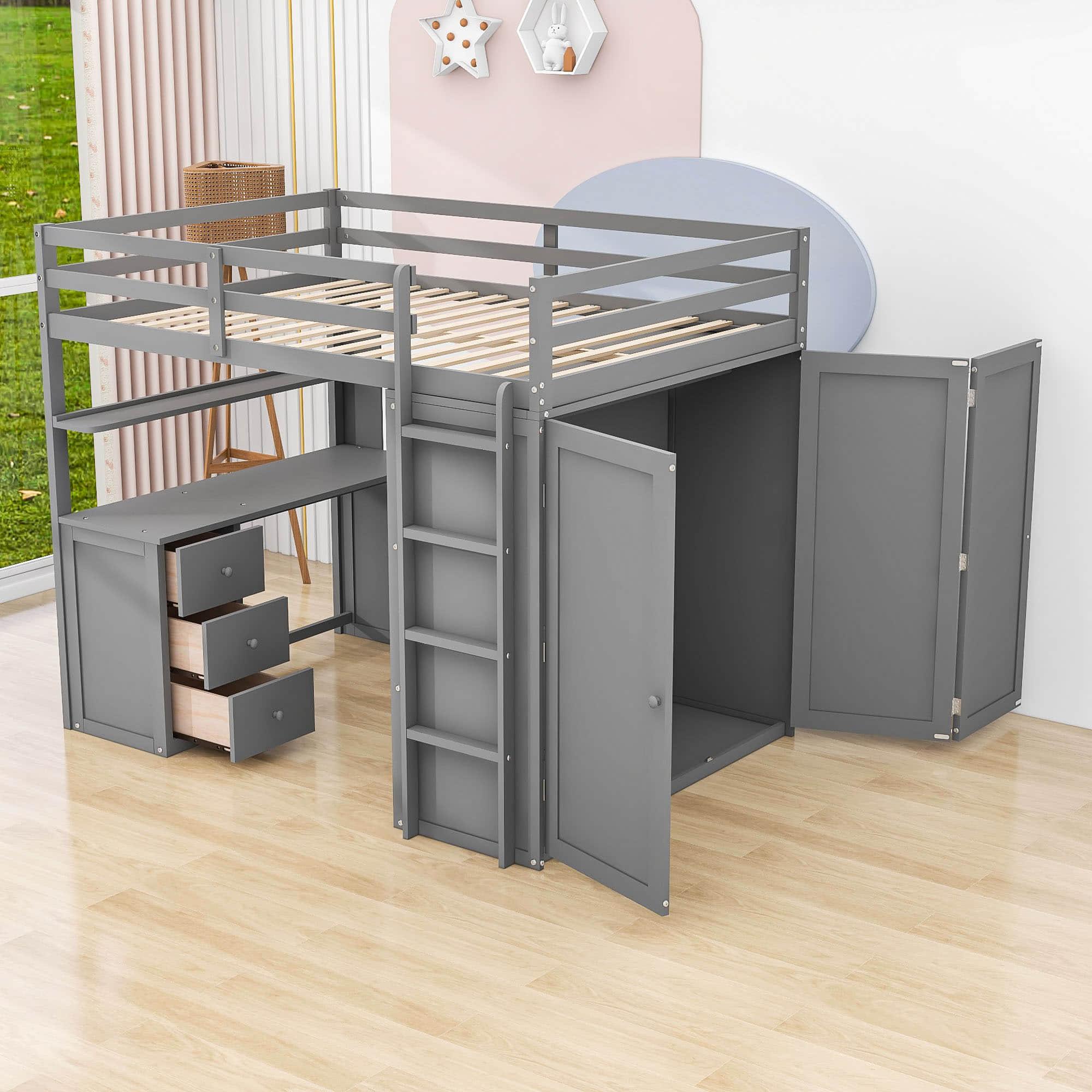 Full Size Loft Bed with Desk and Storage for Kids, Adults - [Wardrobe]