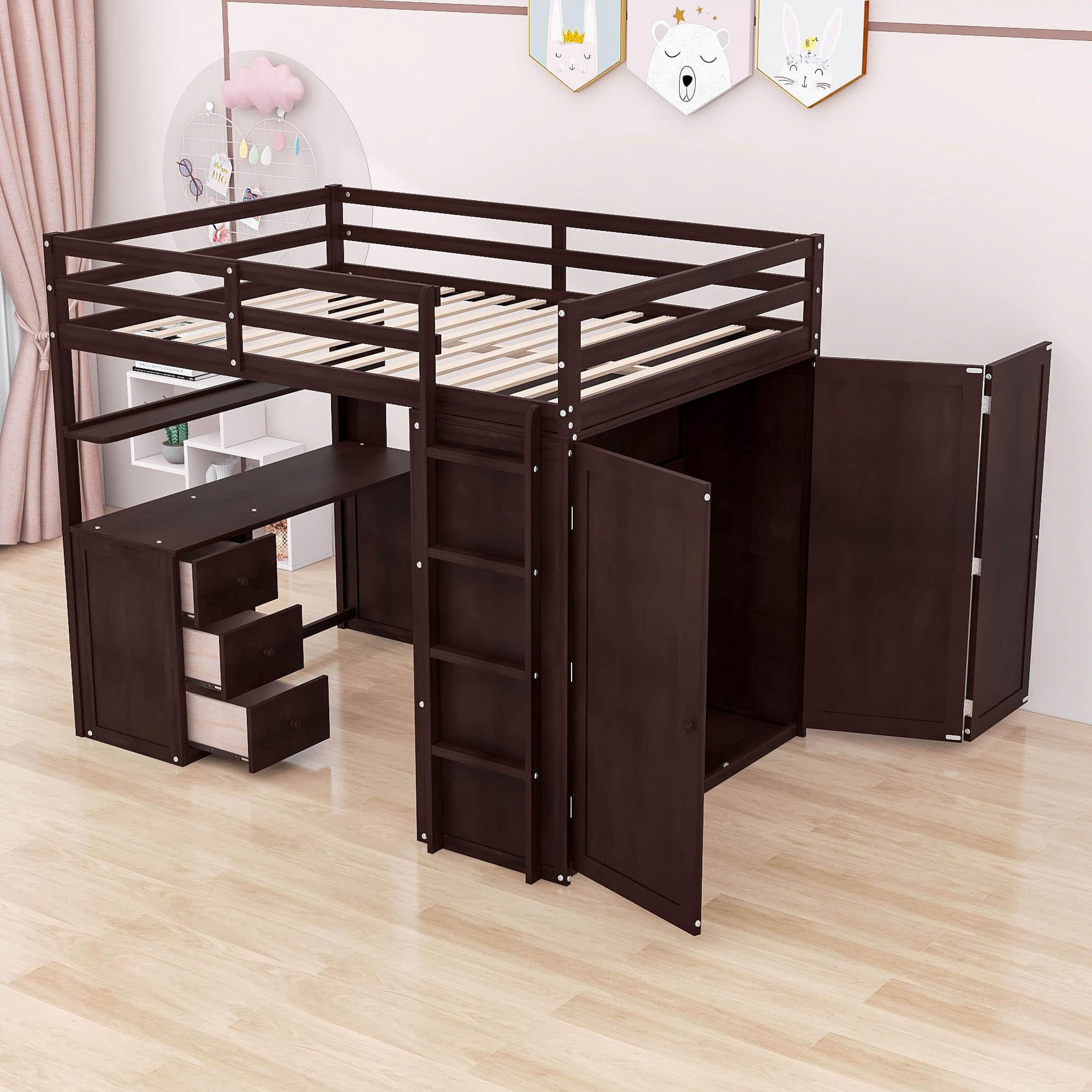 Full Size Loft Bed with Desk and Storage for Kids, Adults - [Wardrobe]