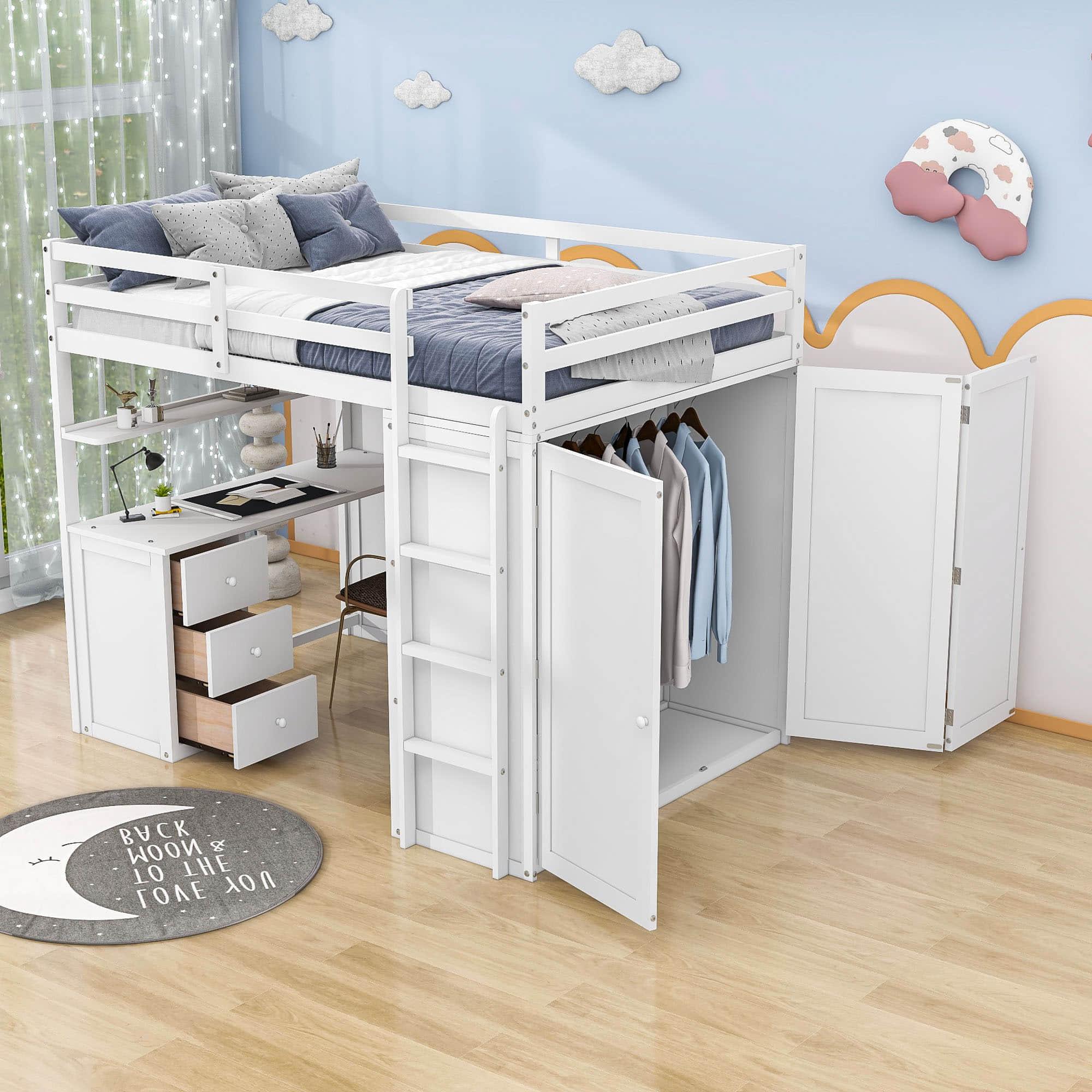 Full Size Loft Bed with Desk and Storage for Kids, Adults - [Wardrobe]