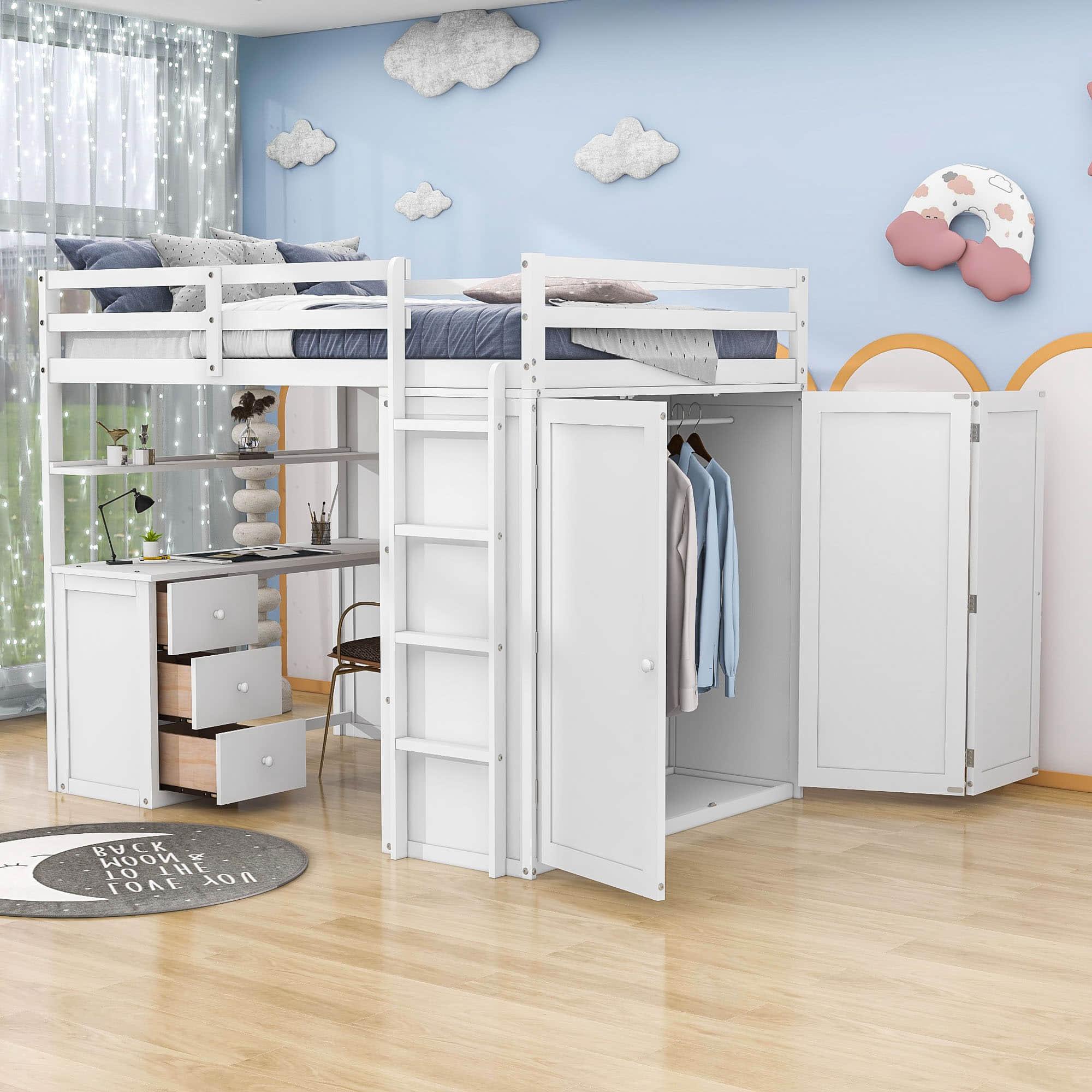 Full Size Loft Bed with Desk and Storage for Kids, Adults - [Wardrobe]