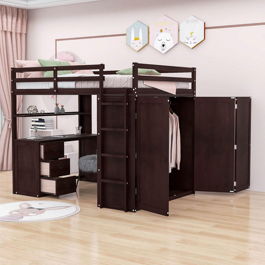 Full Size Loft Bed with Desk and Storage for Kids, Adults - [Wardrobe]