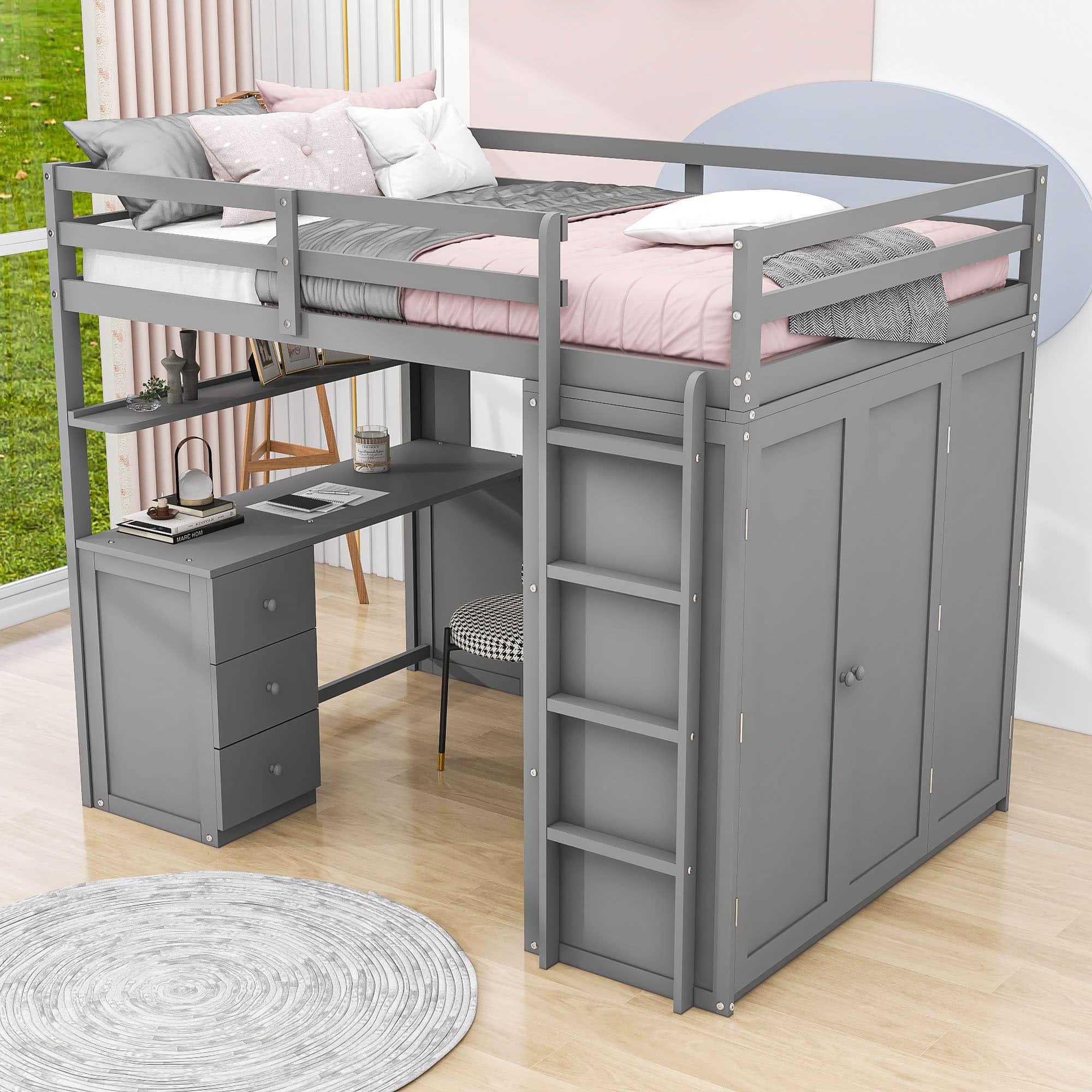 Full Size Loft Bed with Desk and Storage for Kids, Adults - [Wardrobe]