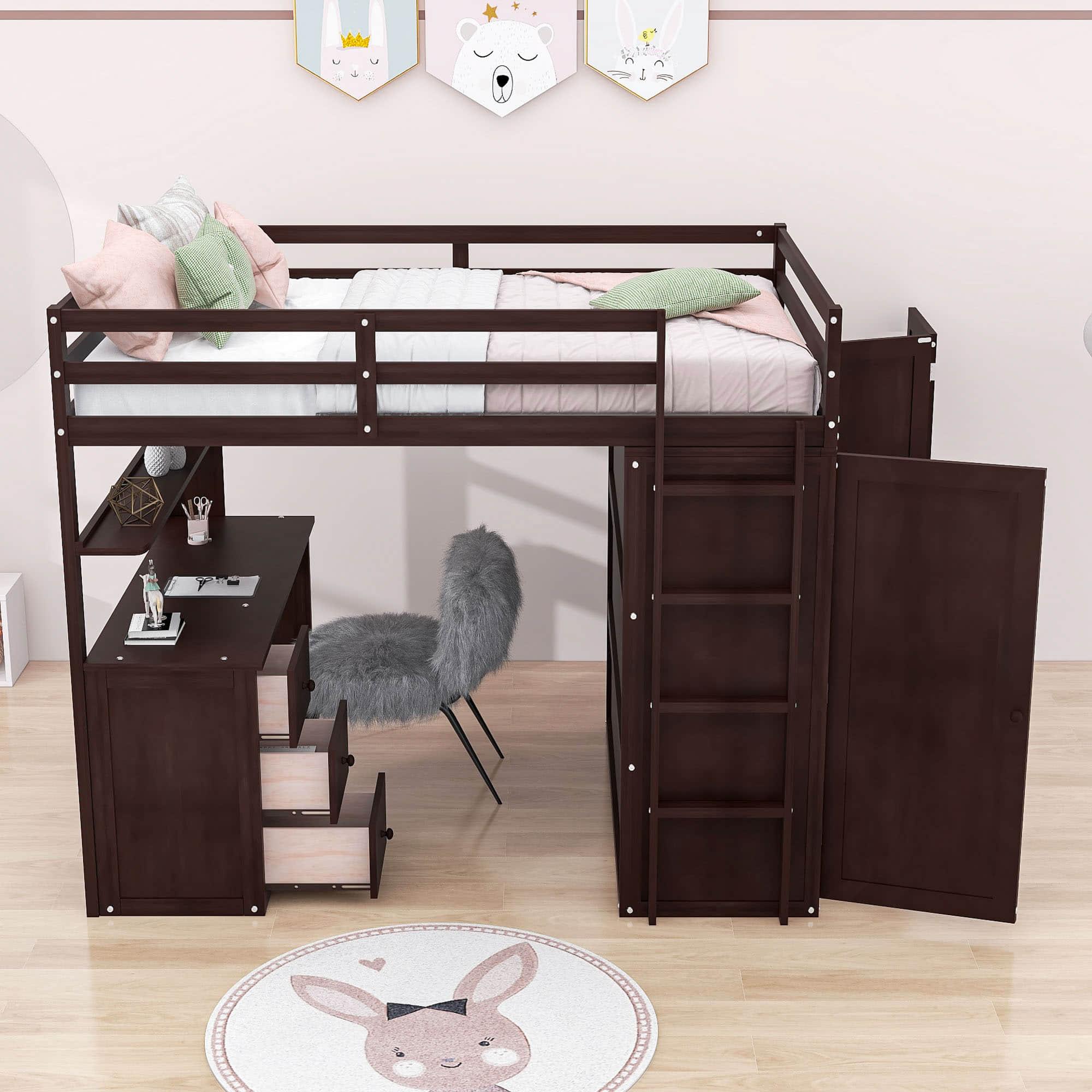 Full Size Loft Bed with Desk and Storage for Kids, Adults - [Wardrobe]