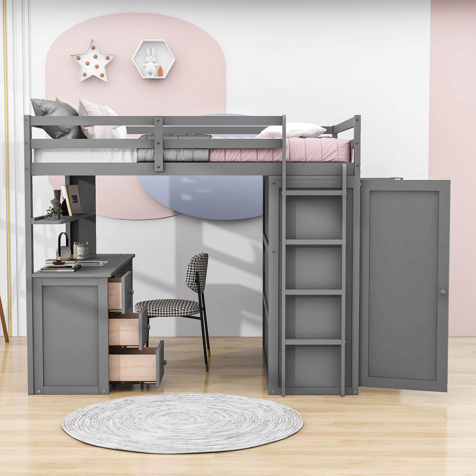 Full Size Loft Bed with Desk and Storage for Kids, Adults - [Wardrobe]