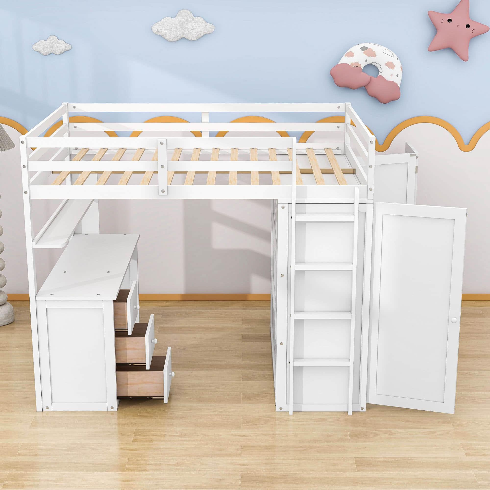 Full Size Loft Bed with Desk and Storage for Kids, Adults - [Wardrobe]