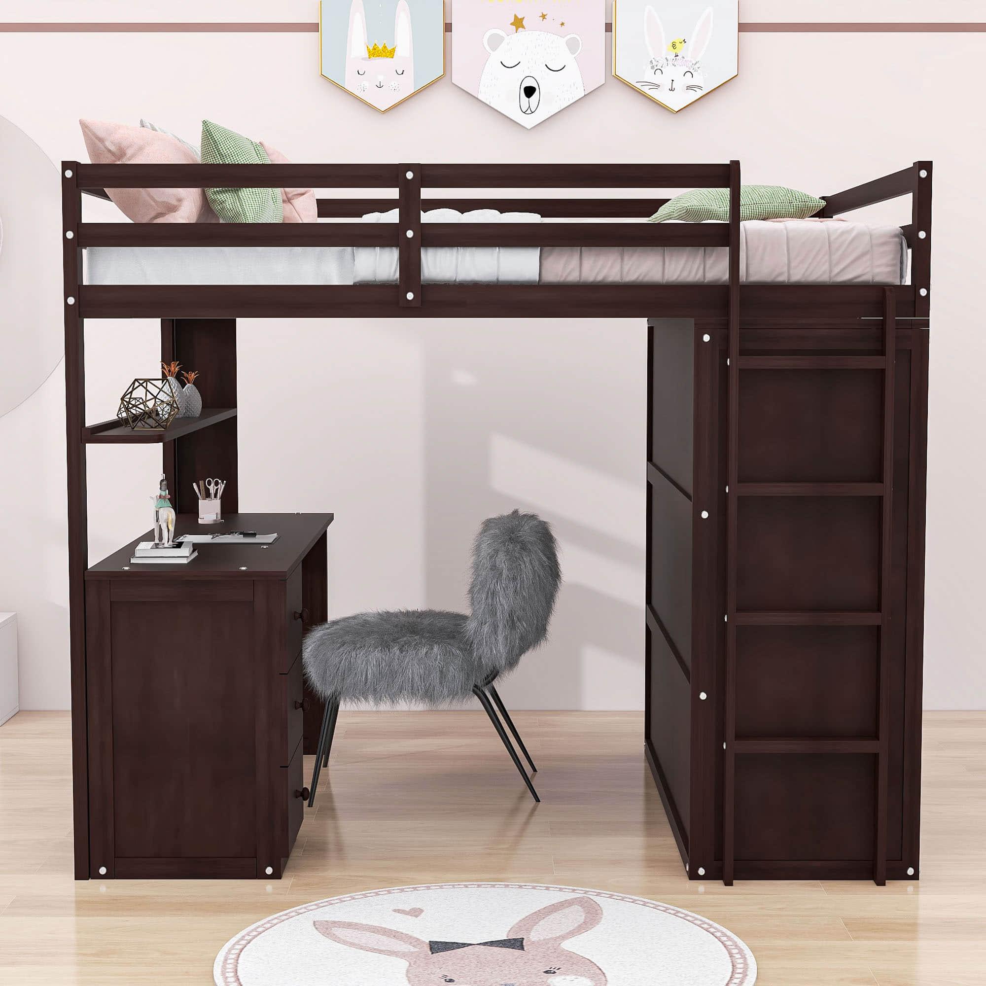 Full Size Loft Bed with Desk and Storage for Kids, Adults - [Wardrobe]