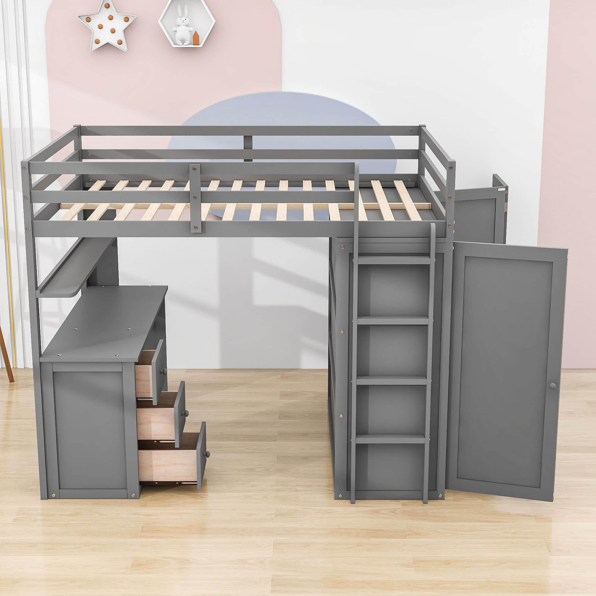 Full Size Loft Bed with Desk and Storage for Kids, Adults - [Wardrobe]